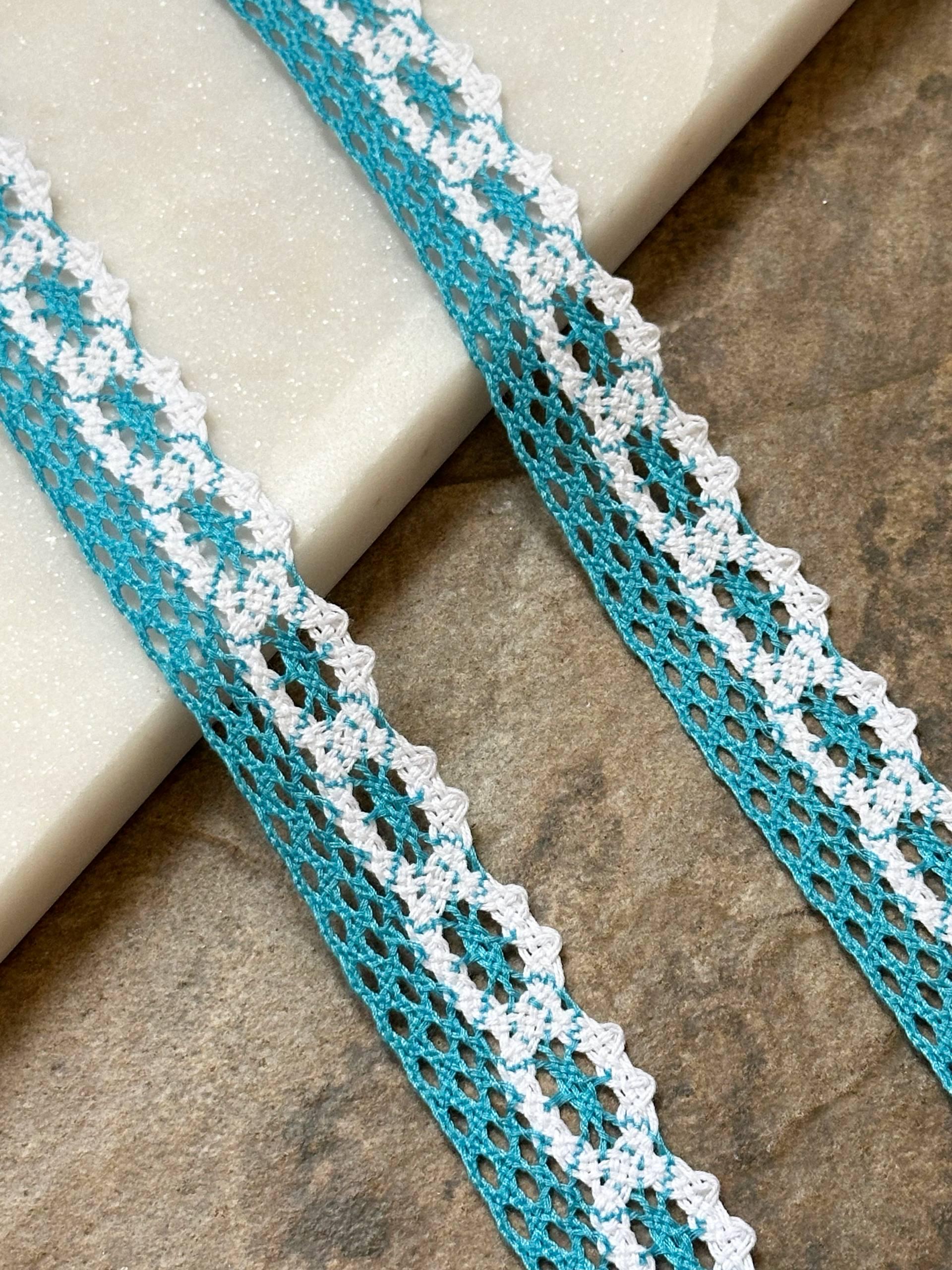 Two Tone Peacock Turquoise Cotton Lace Trim, Openwork Crochet Ribbon, Coquette Craft Supply, 0.85", Retail Wholesale Bulk