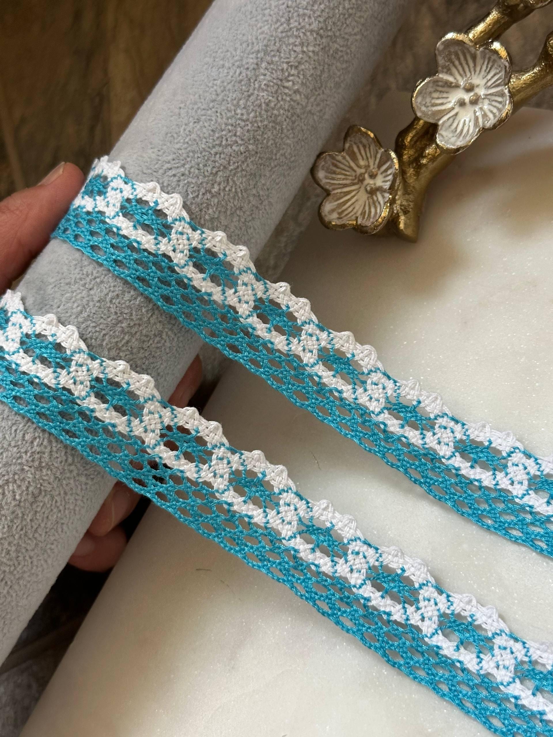 Two Tone Peacock Turquoise Cotton Lace Trim, Openwork Crochet Ribbon, Coquette Craft Supply, 0.85", Retail Wholesale Bulk