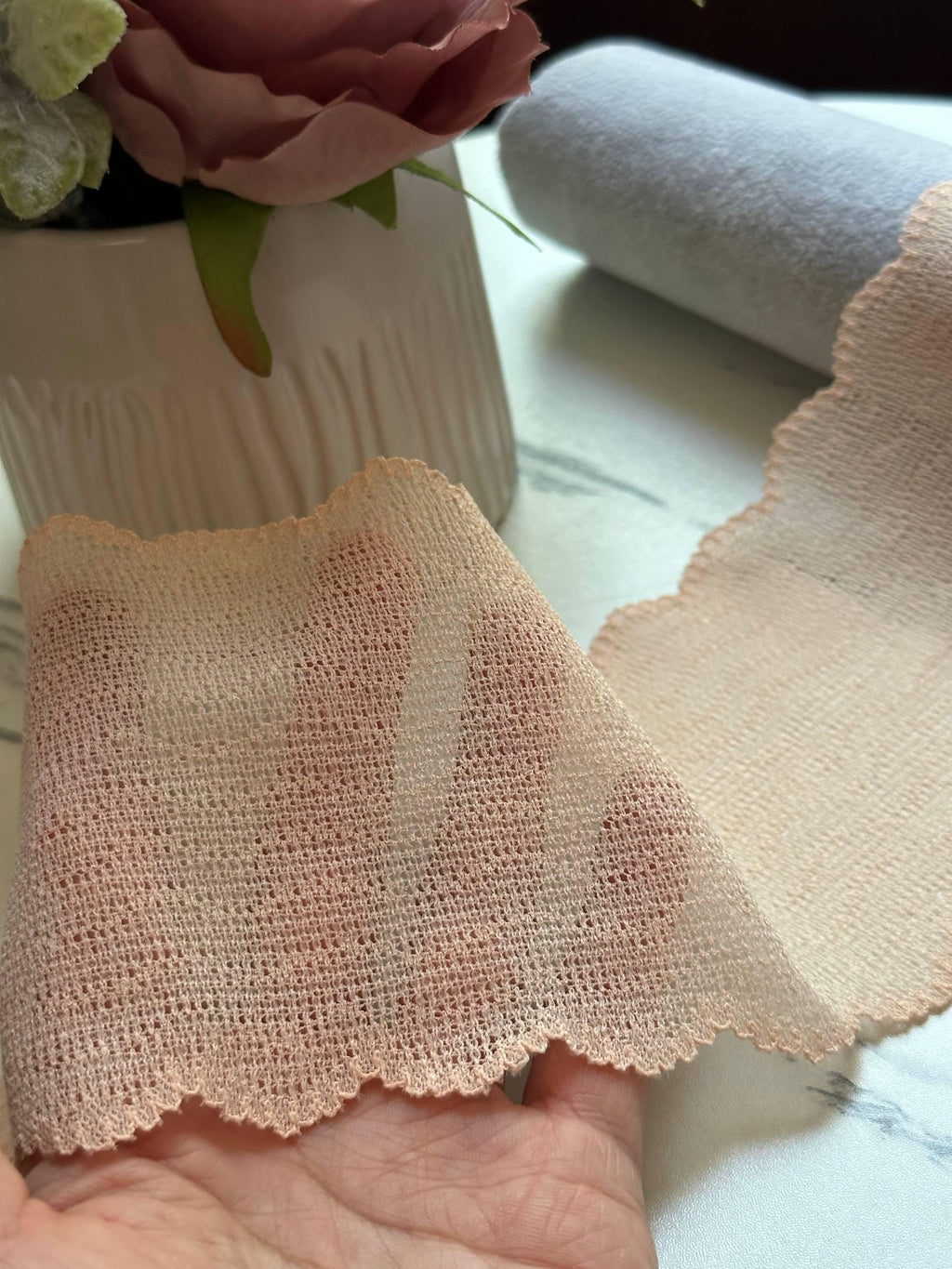 Nude Peach Stretch Mesh Lace Trim by the Yard, Wide Ribbon for Baby Headband Scrunchies Pleated Skirt, 3.5"