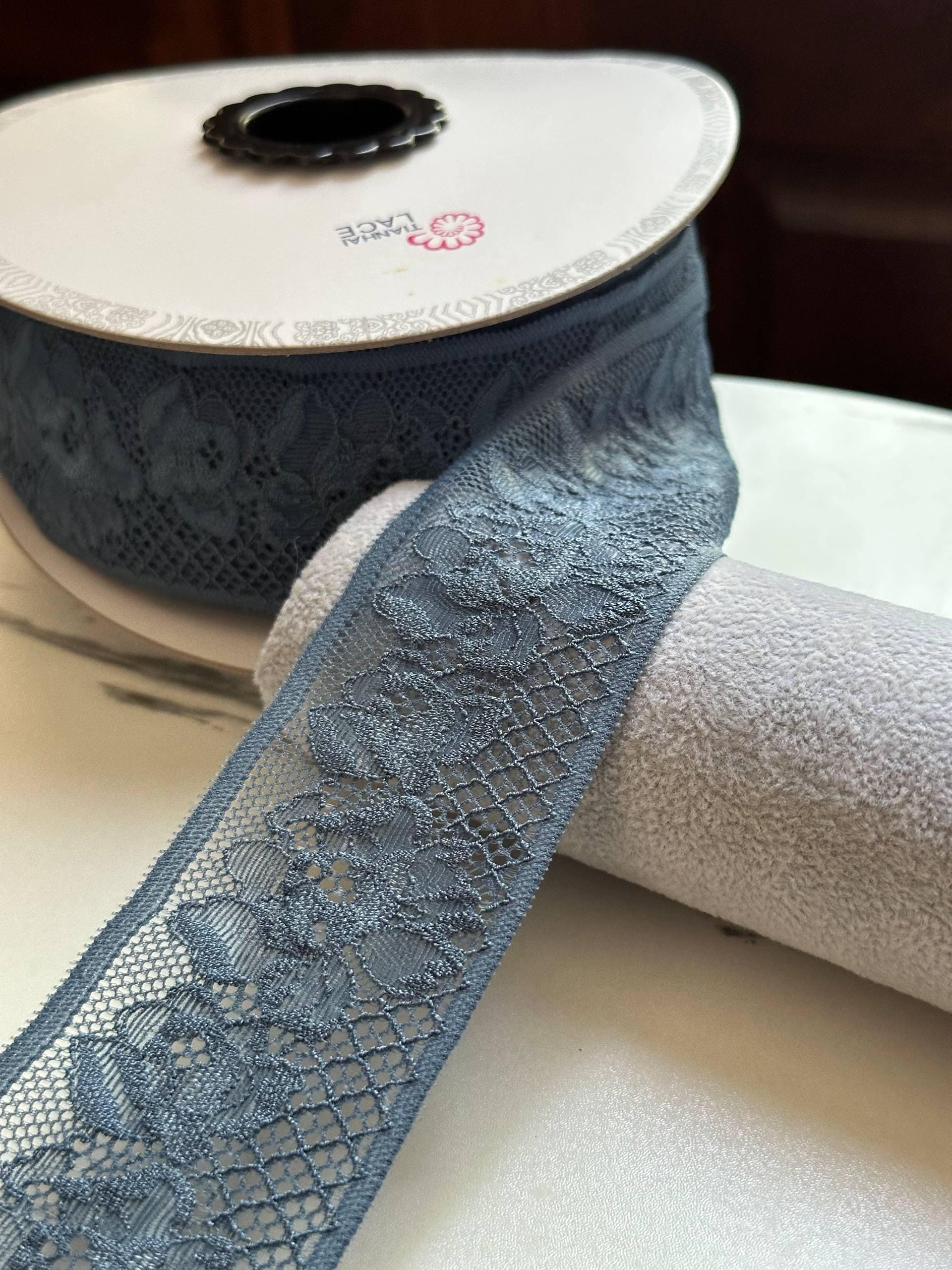30 Yards Roll Bulk Slate Dusty Blue Floral Stretch Lace Trim, 2" Wide Elastic Galloon Ribbon Spool for Lingerie Crafts Sewing