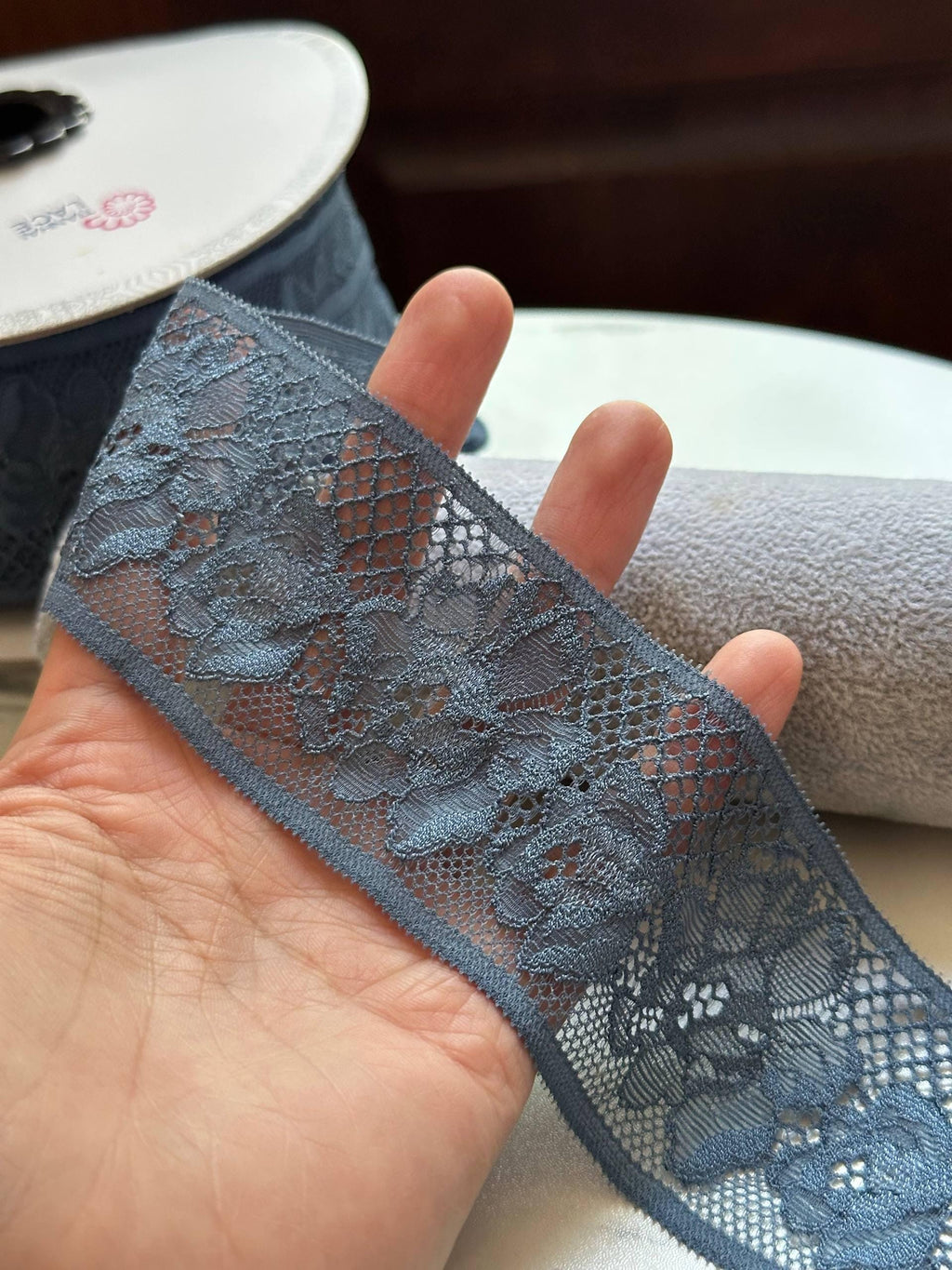 30 Yards Roll Bulk Slate Dusty Blue Floral Stretch Lace Trim, 2" Wide Elastic Galloon Ribbon Spool for Lingerie Crafts Sewing