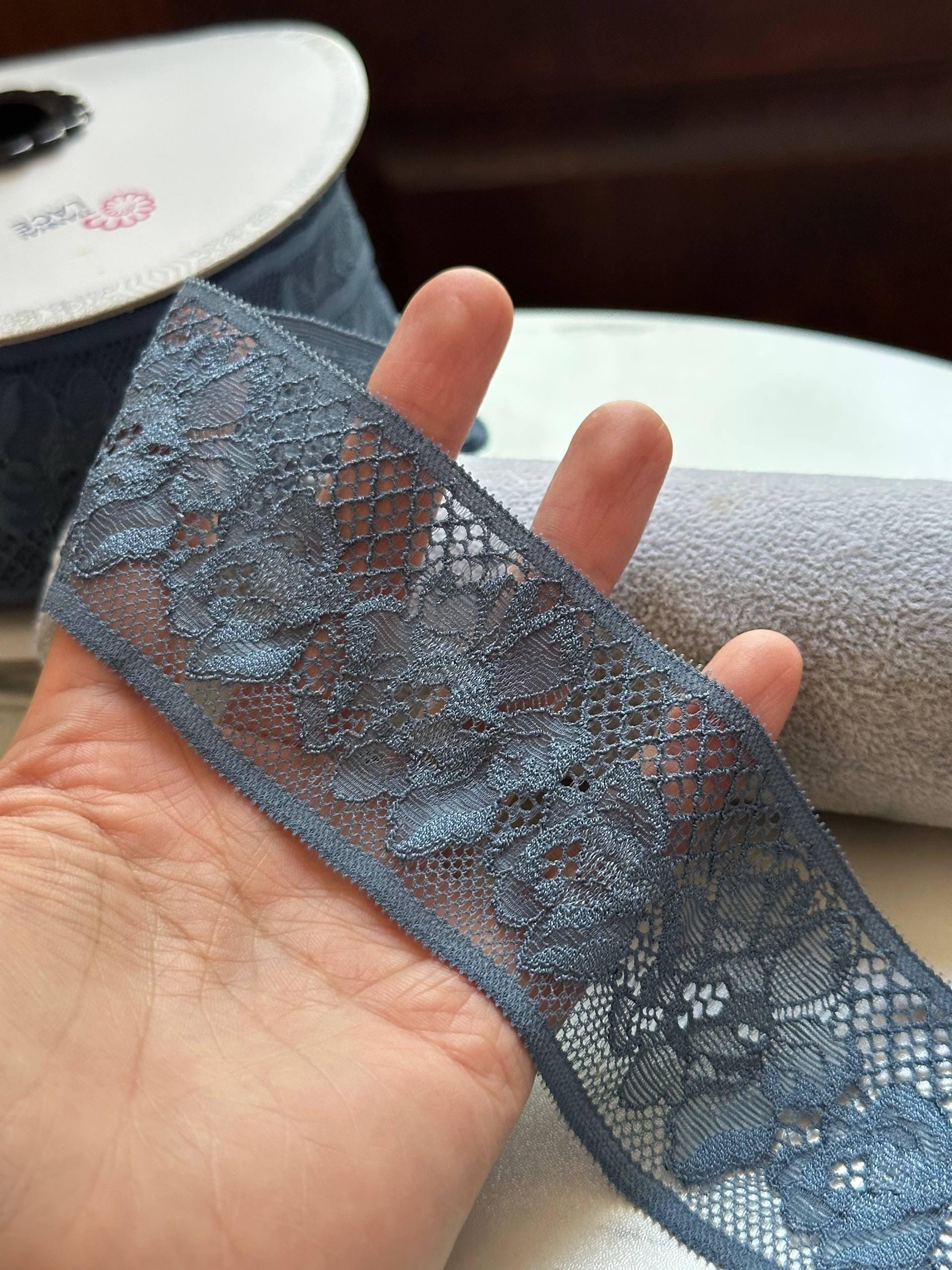 30 Yards Roll Bulk Slate Dusty Blue Floral Stretch Lace Trim, 2" Wide Elastic Galloon Ribbon Spool for Lingerie Crafts Sewing