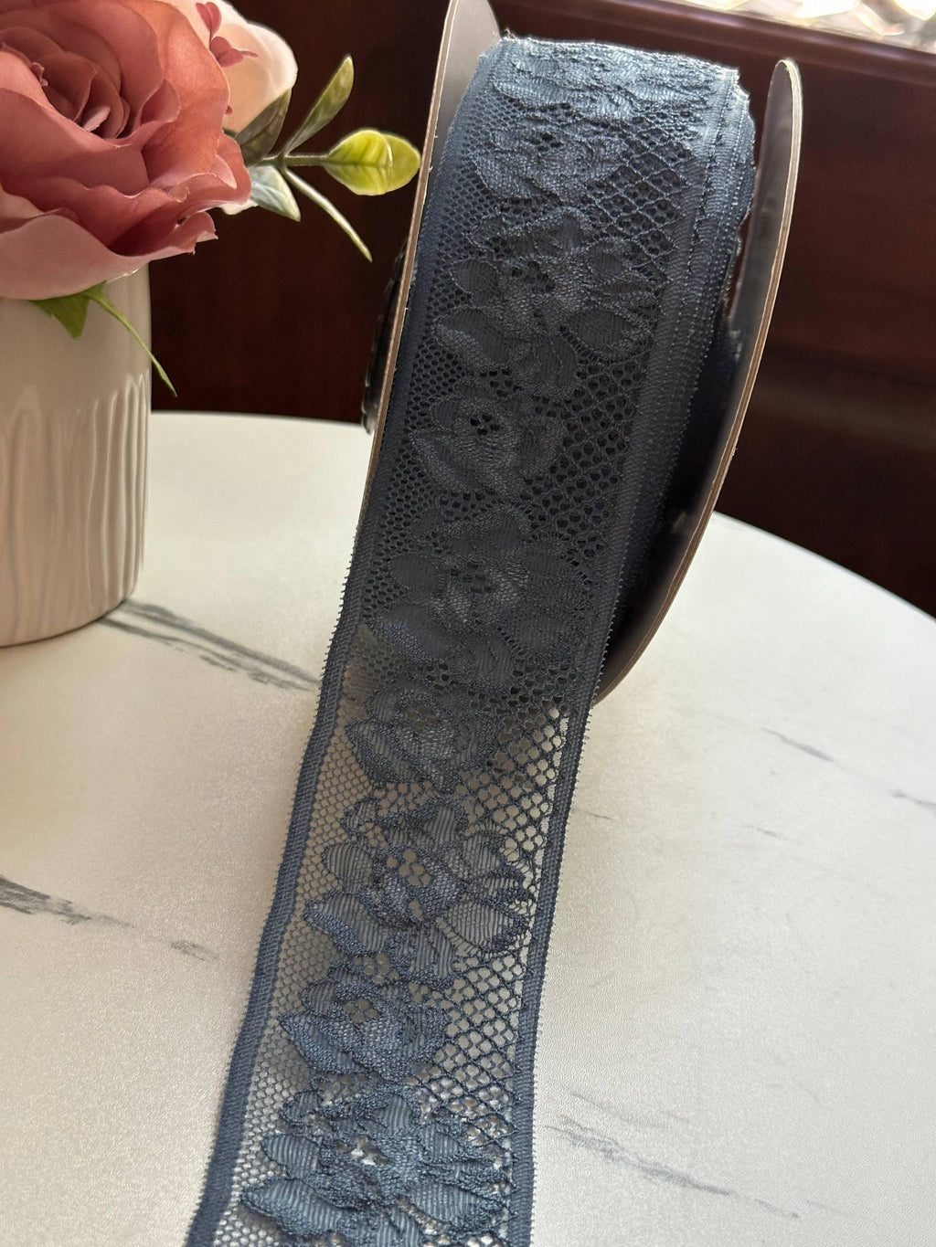 30 Yards Roll Bulk Slate Dusty Blue Floral Stretch Lace Trim, 2" Wide Elastic Galloon Ribbon Spool for Lingerie Crafts Sewing