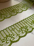 Olive Matcha Green Floral Non Stretch Rigid Lace Trim by the Yard, Structured Scalloped Ribbon for Hair Bows Crafts, 1.85"