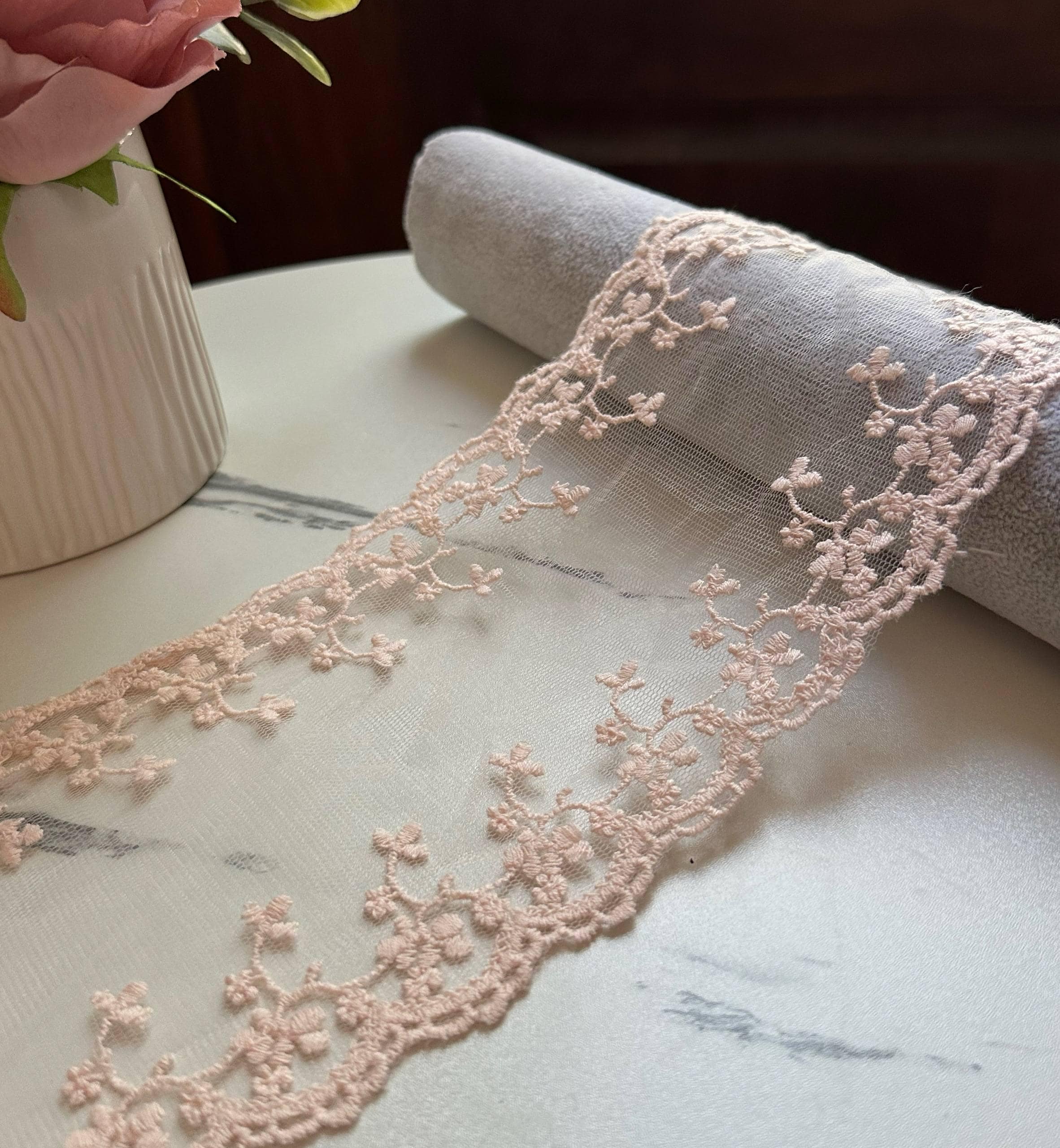 Blush Pink Double Scalloped Embroidered Mesh Non Stretch Lace Trim by the Yard, Cuttable Sheer Floral Ribbon for Bridal, 4.5"