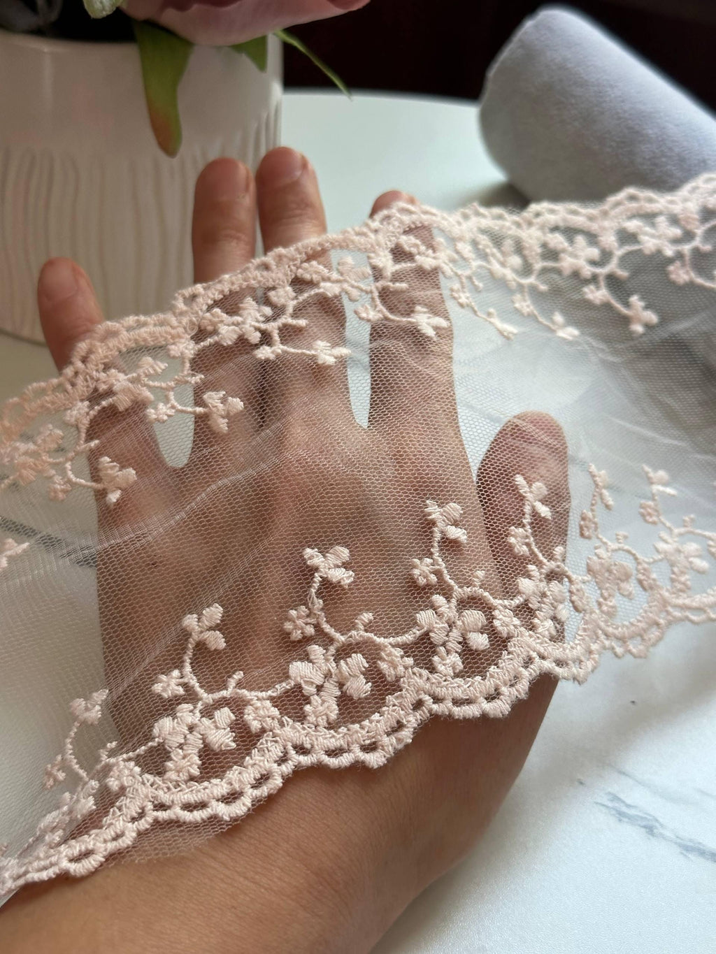 Blush Pink Double Scalloped Embroidered Mesh Non Stretch Lace Trim by the Yard, Cuttable Sheer Floral Ribbon for Bridal, 4.5"