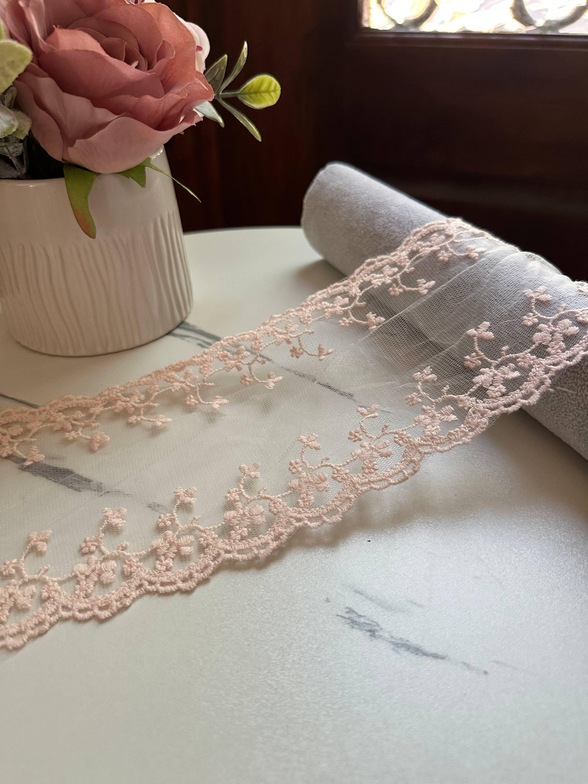 Blush Pink Double Scalloped Embroidered Mesh Non Stretch Lace Trim by the Yard, Cuttable Sheer Floral Ribbon for Bridal, 4.5"