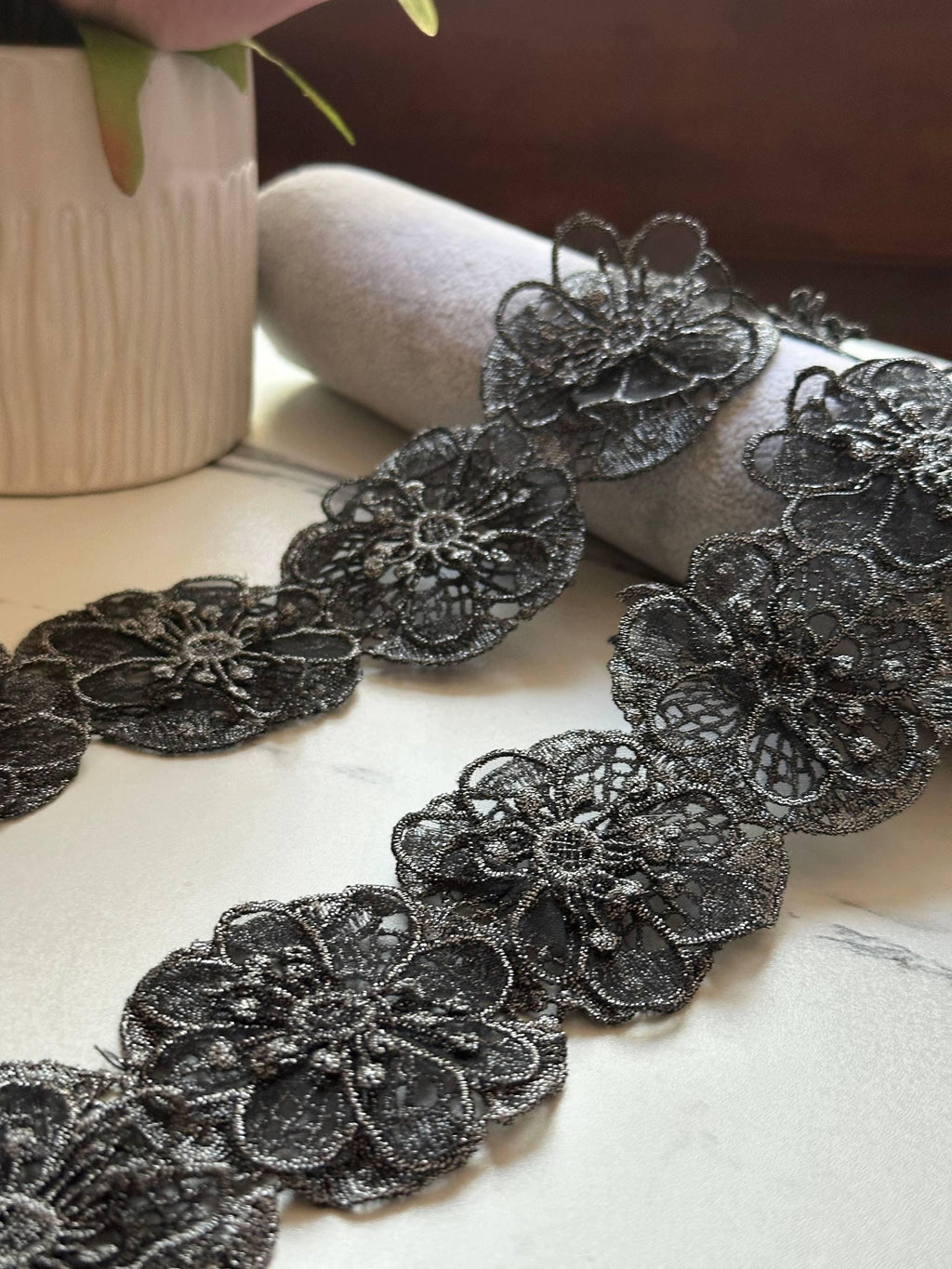 Black Silver Metallic 3D Floral Guipure Lace Trim by the Yard, 3D Flower Embroidered Ribbon for Evening Gowns, 2"