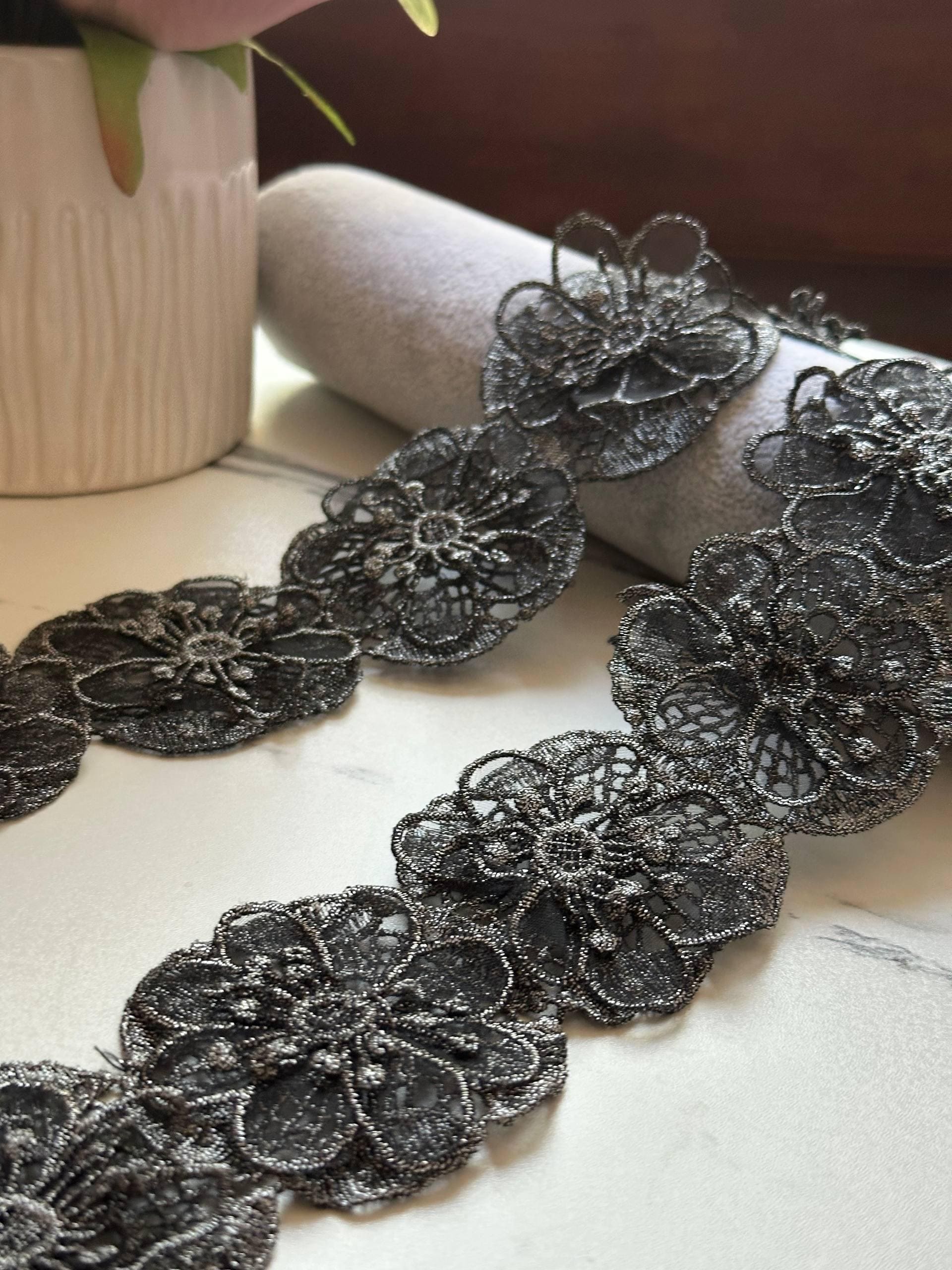 Black Silver Metallic 3D Floral Guipure Lace Trim by the Yard, 3D Flower Embroidered Ribbon for Evening Gowns, 2"