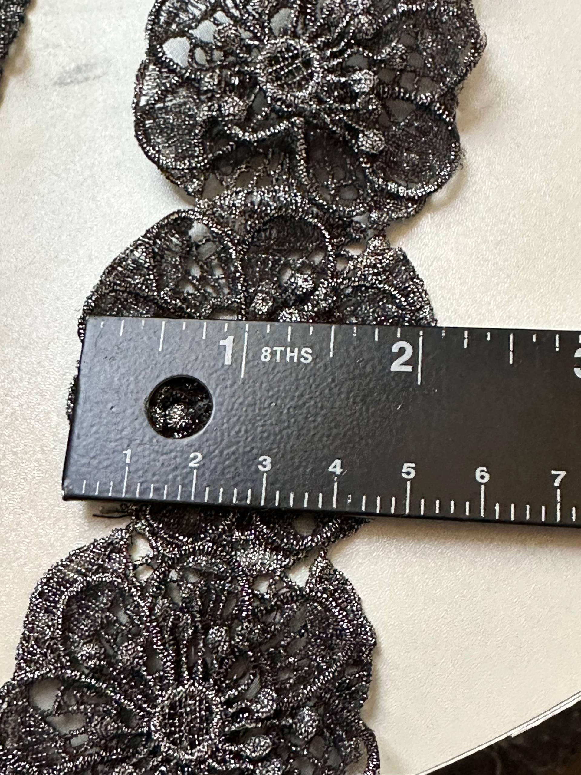 Black Silver Metallic 3D Floral Guipure Lace Trim by the Yard, 3D Flower Embroidered Ribbon for Evening Gowns, 2"