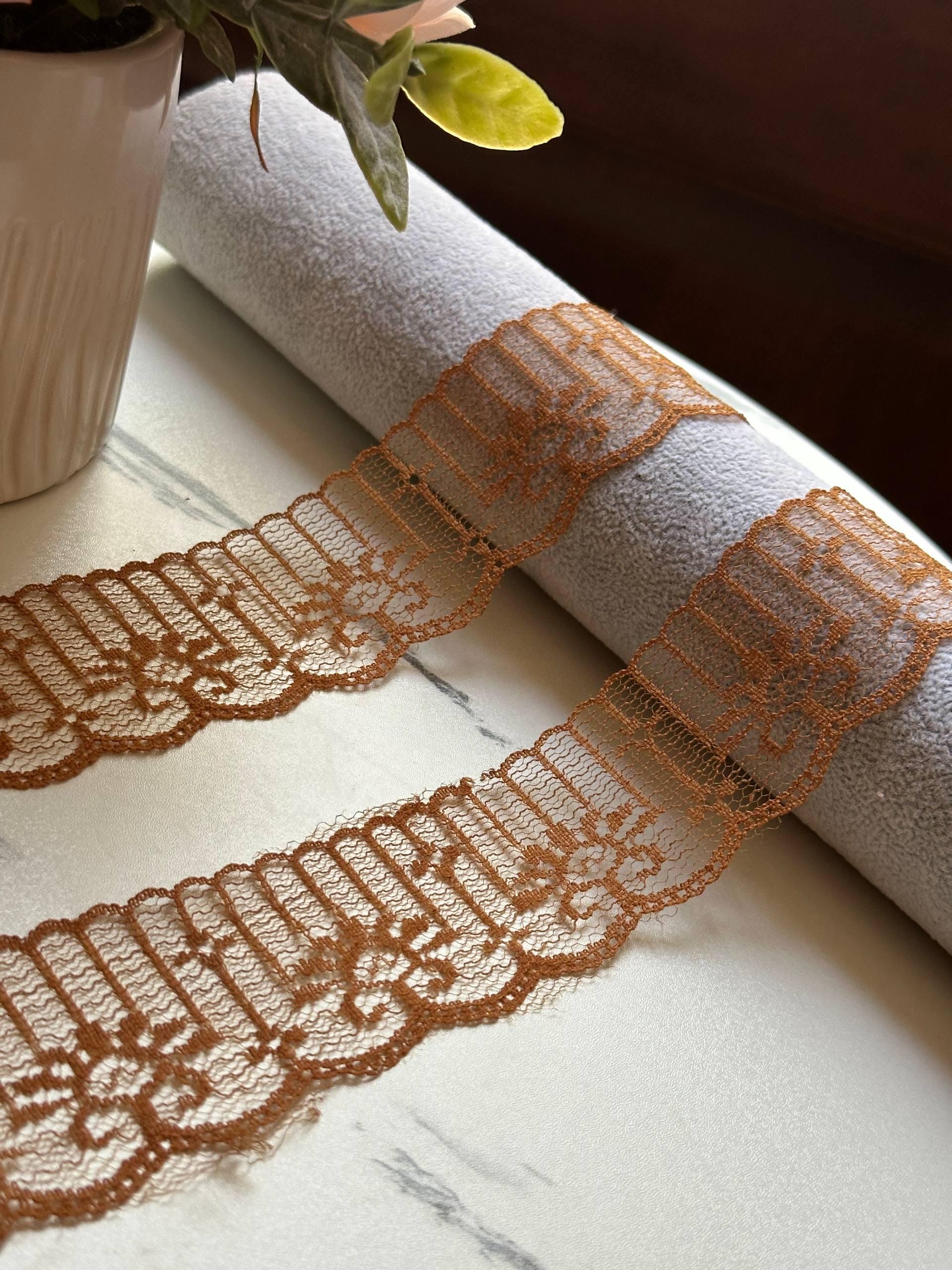 CLEARANCE！Amber Bronze Brown Rigid Non Stretch Lace Trim by the Yard, Structured Scalloped Ribbon for Hair Bows Crafts, 1.6"