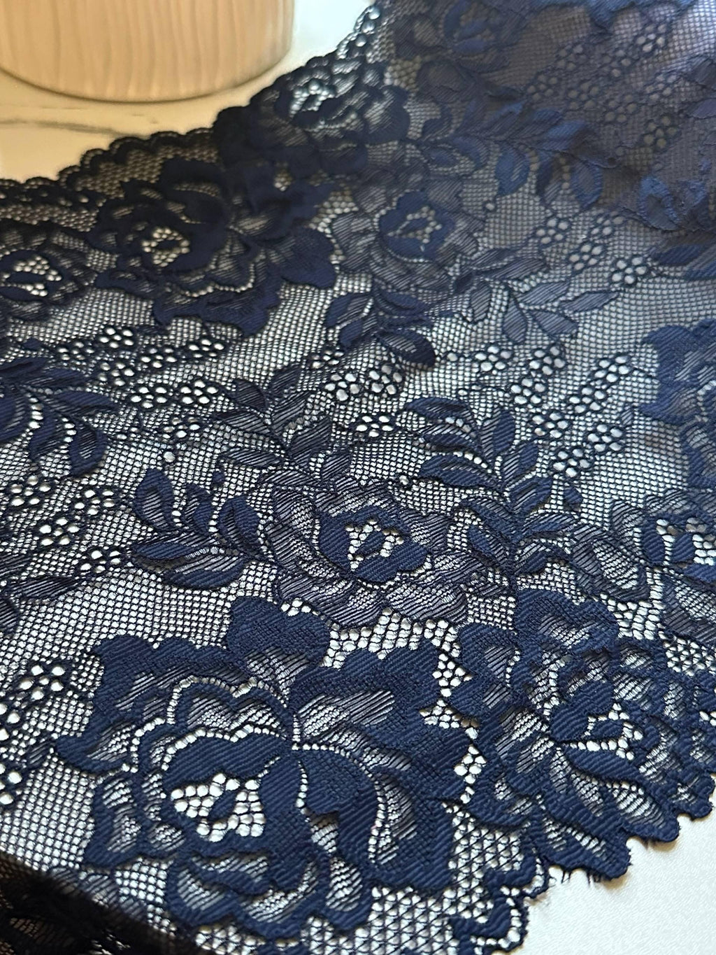 Navy Blue Floral Stretch Lace Trim by the Yard, Extra Wide Scalloped Elastic Ribbon for Lingerie Apparel, 9"