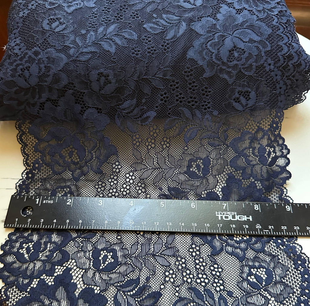 Navy Blue Floral Stretch Lace Trim by the Yard, Extra Wide Scalloped Elastic Ribbon for Lingerie Apparel, 9"
