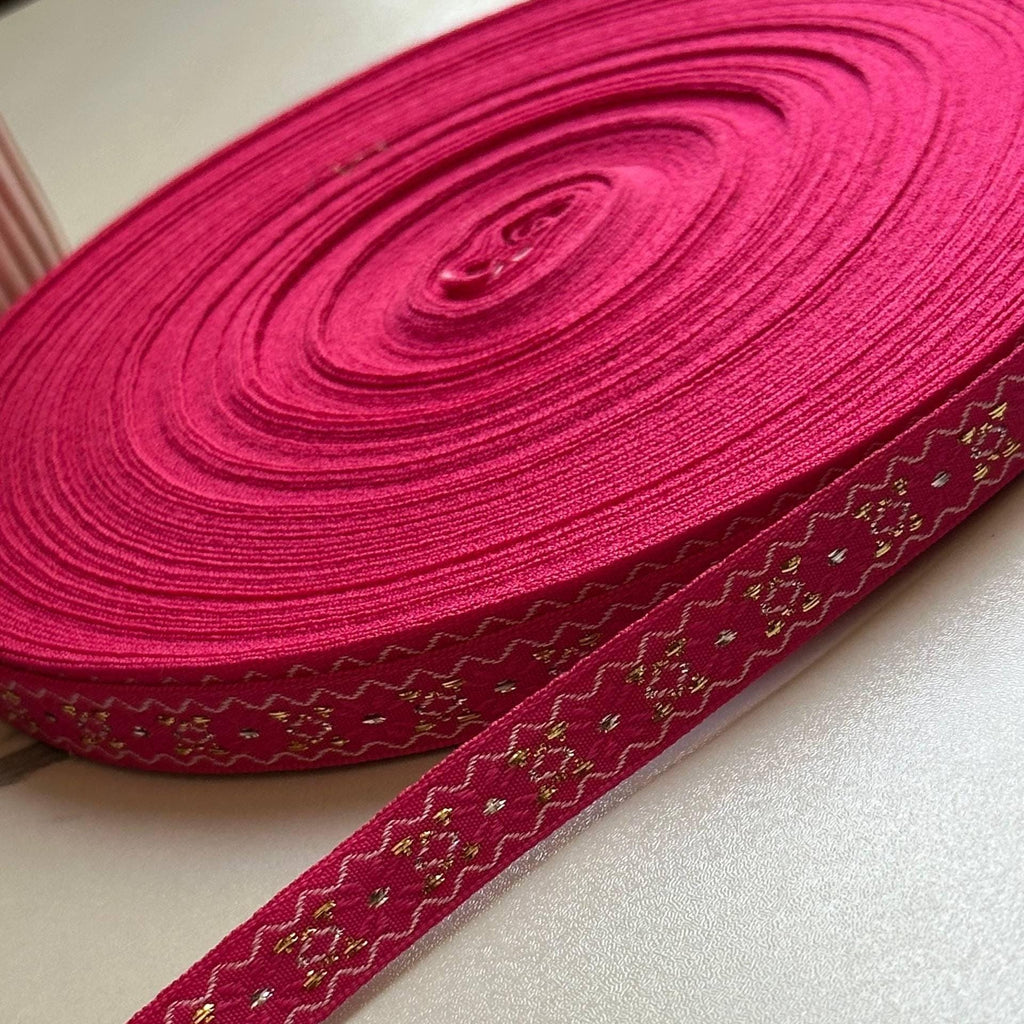 Hot Pink Magenta Metallic Gold Embroidered Jacquard Webbing Tape Trim by the Yard, Woven Folk Ribbon for Crafts Apparel, 0.5"