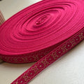 Hot Pink Magenta Metallic Gold Embroidered Jacquard Webbing Tape Trim by the Yard, Woven Folk Ribbon for Crafts Apparel, 0.5"