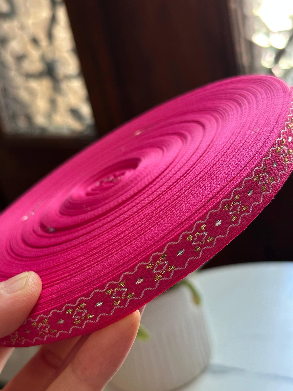 Hot Pink Magenta Metallic Gold Embroidered Jacquard Webbing Tape Trim by the Yard, Woven Folk Ribbon for Crafts Apparel, 0.5"