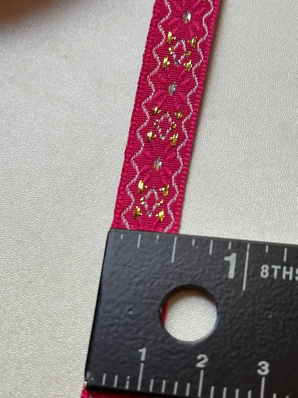 Hot Pink Magenta Metallic Gold Embroidered Jacquard Webbing Tape Trim by the Yard, Woven Folk Ribbon for Crafts Apparel, 0.5"