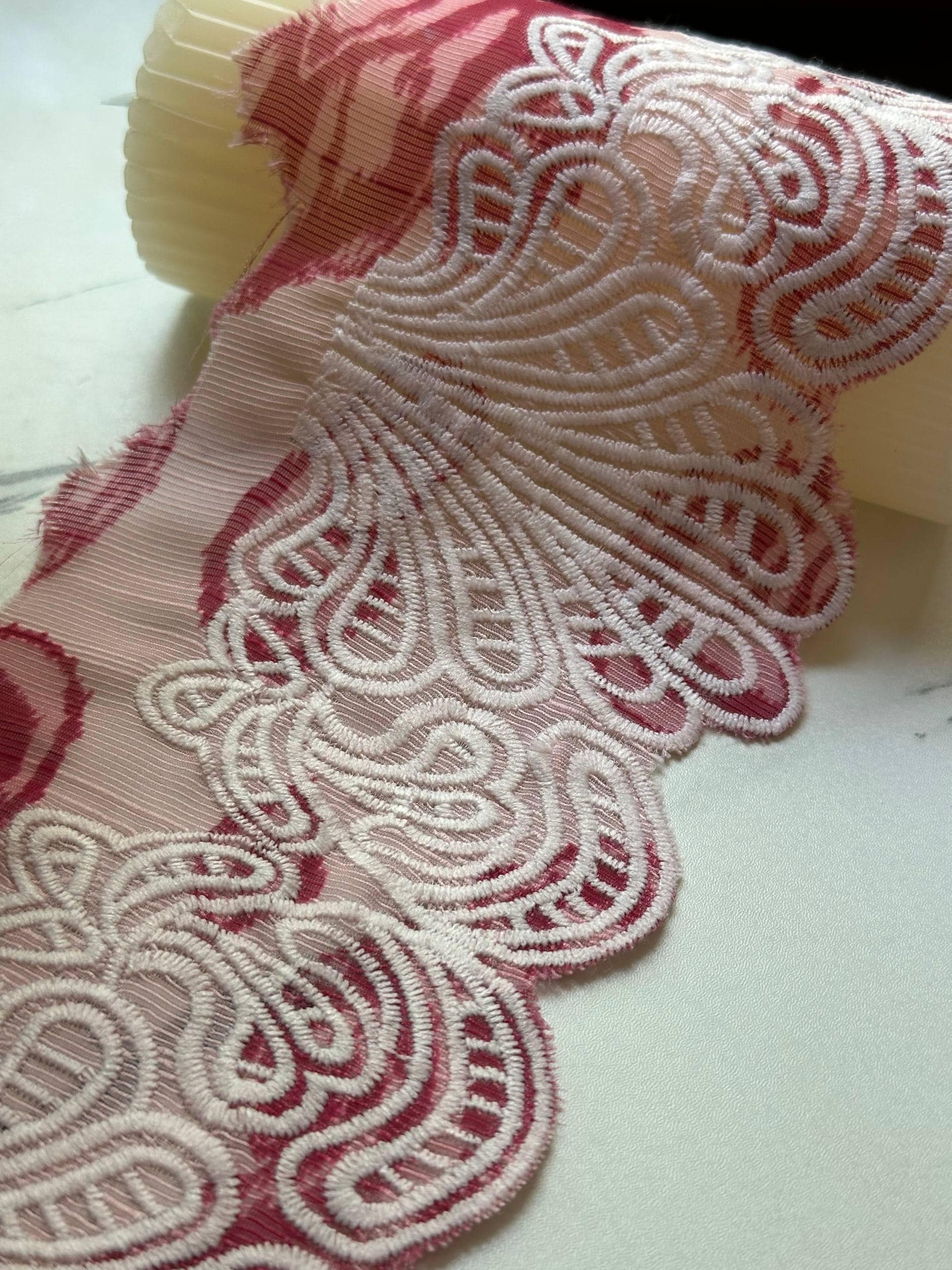 Vintage Berry Pink Paisley Scalloped Corded Embroidery Lace Trim by the Yard, Wide Fabric Mesh Ribbon for Apparel, 4"