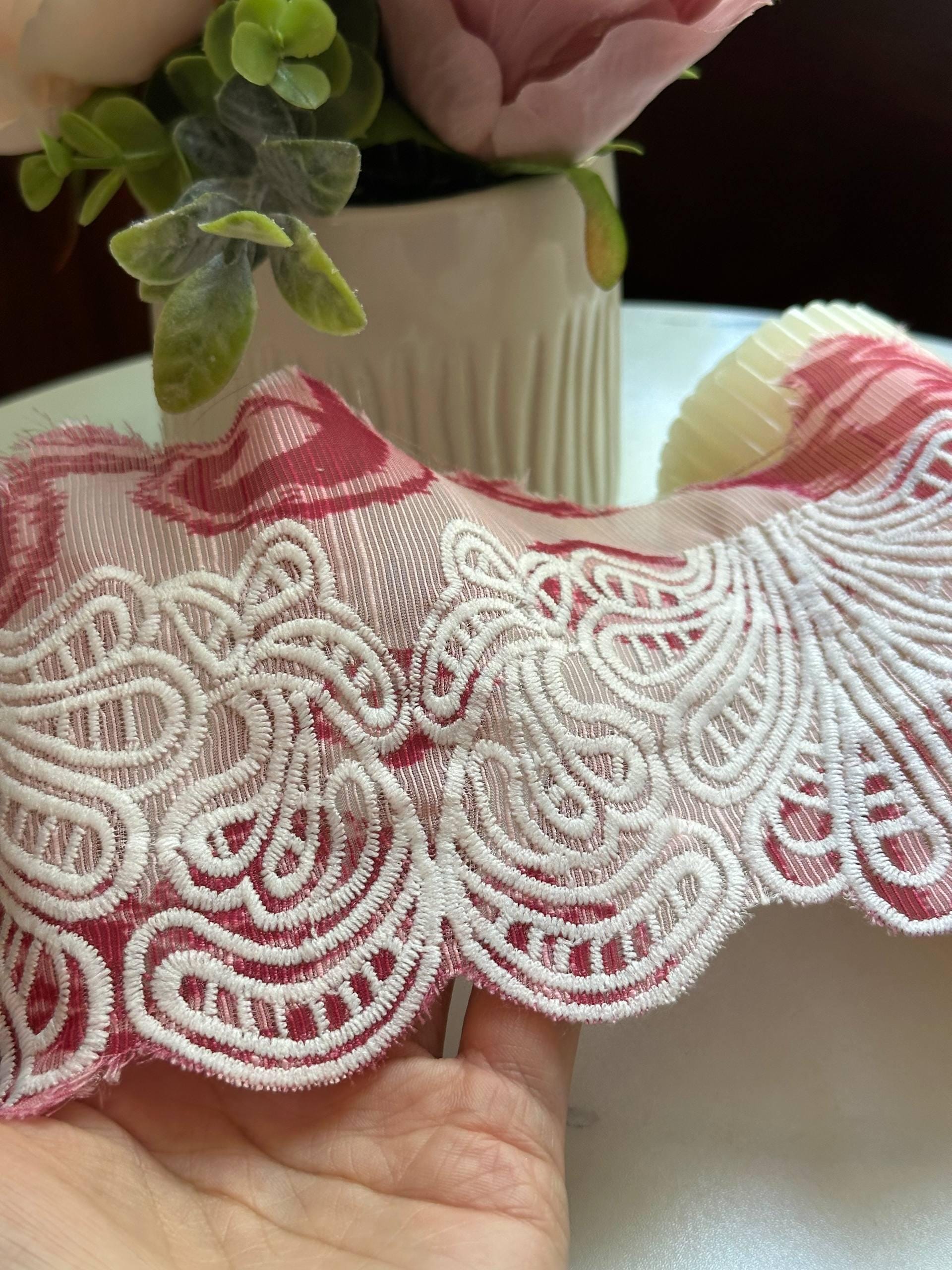 Vintage Berry Pink Paisley Scalloped Corded Embroidery Lace Trim by the Yard, Wide Fabric Mesh Ribbon for Apparel, 4"