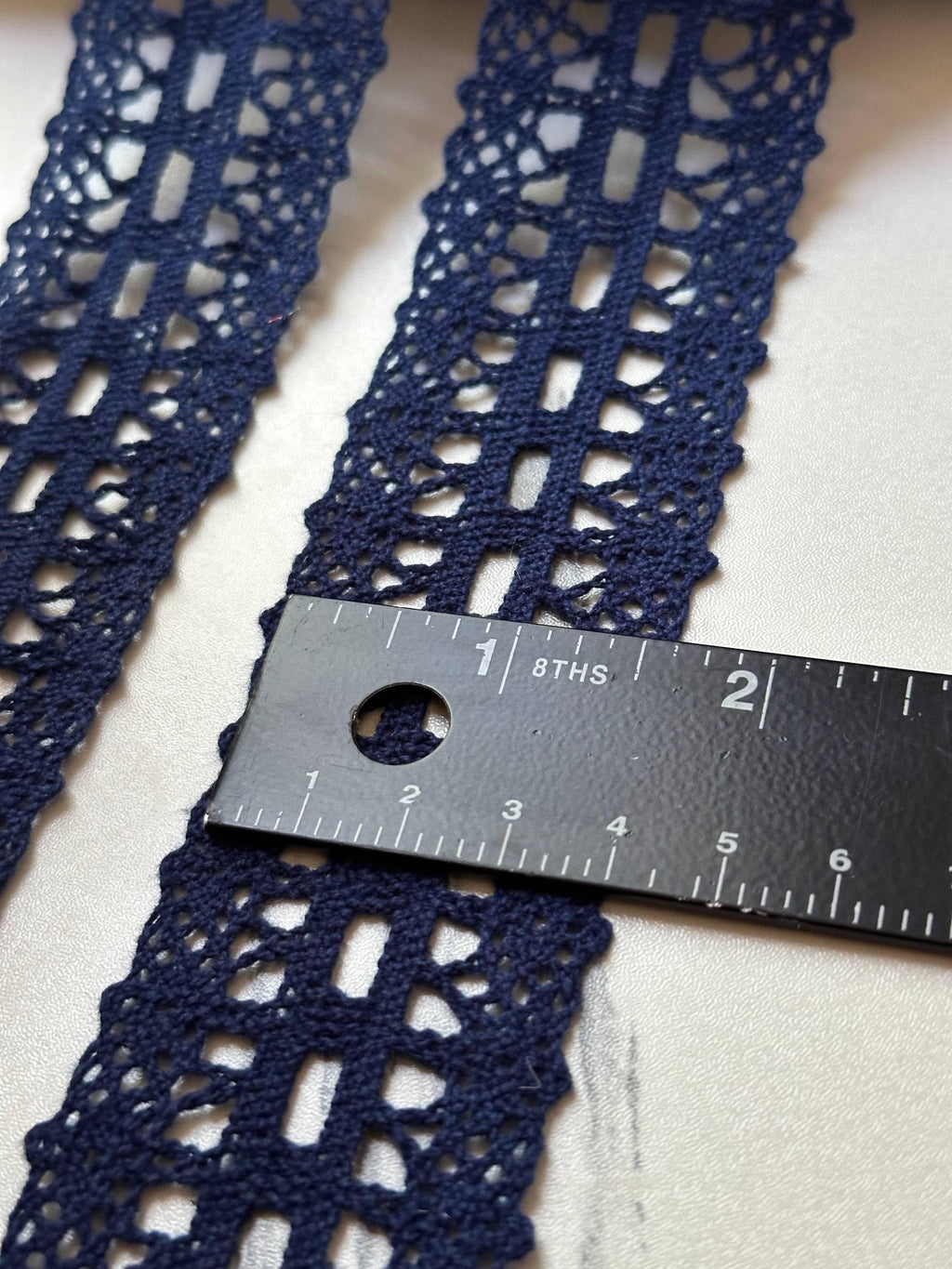 Navy Blue Cotton Crochet Beading Insertion Lace Trim by the Yard, Double Scalloped Eyelet Ribbon with Ribbon Slot, 1.5"