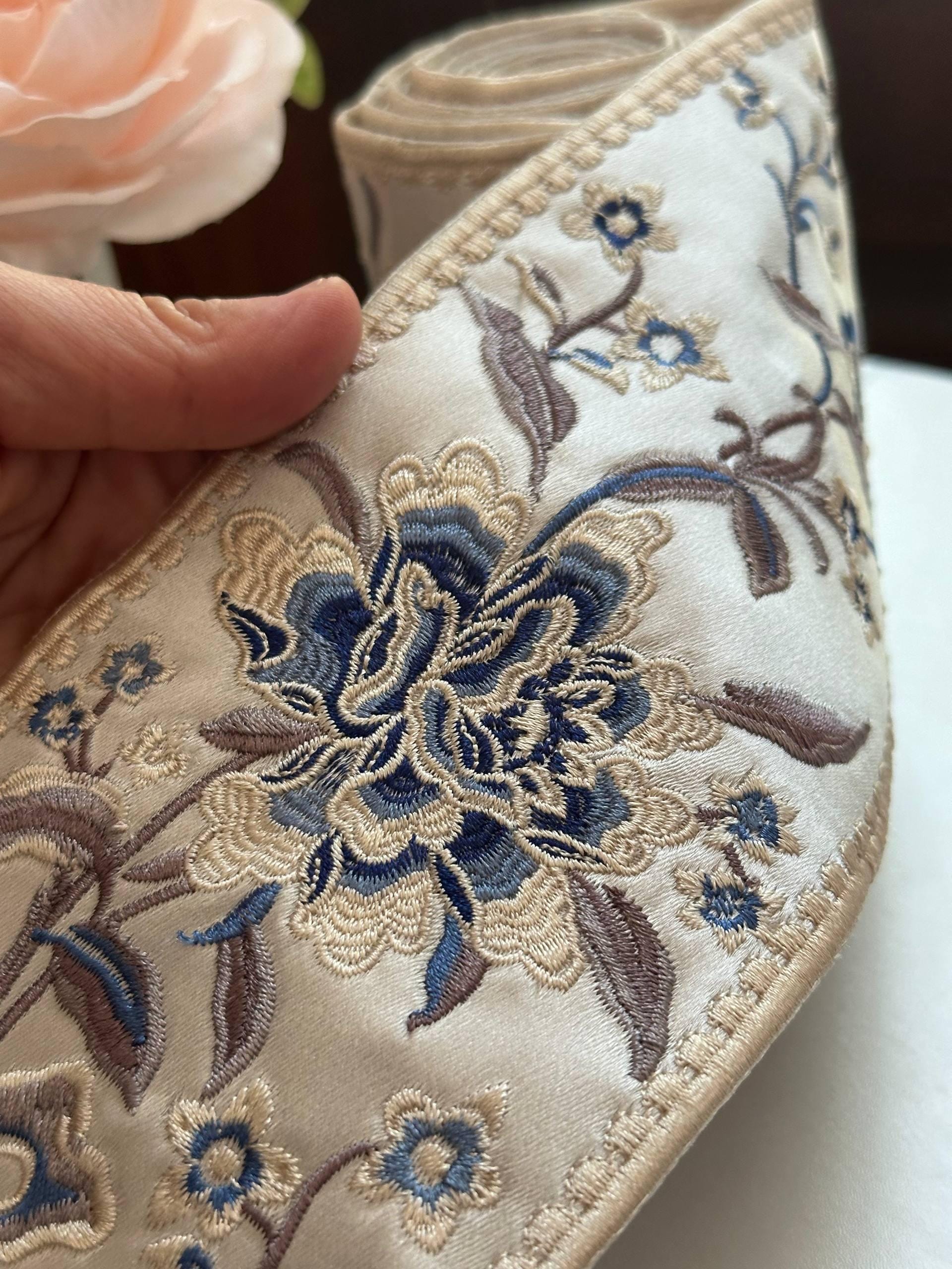 Vintage Beige Blue Floral Heavy Jacquard Embroidered Ribbon Fabric Trim by the Half Yard, Wide Border for Home Decor Apparel, 3.8"