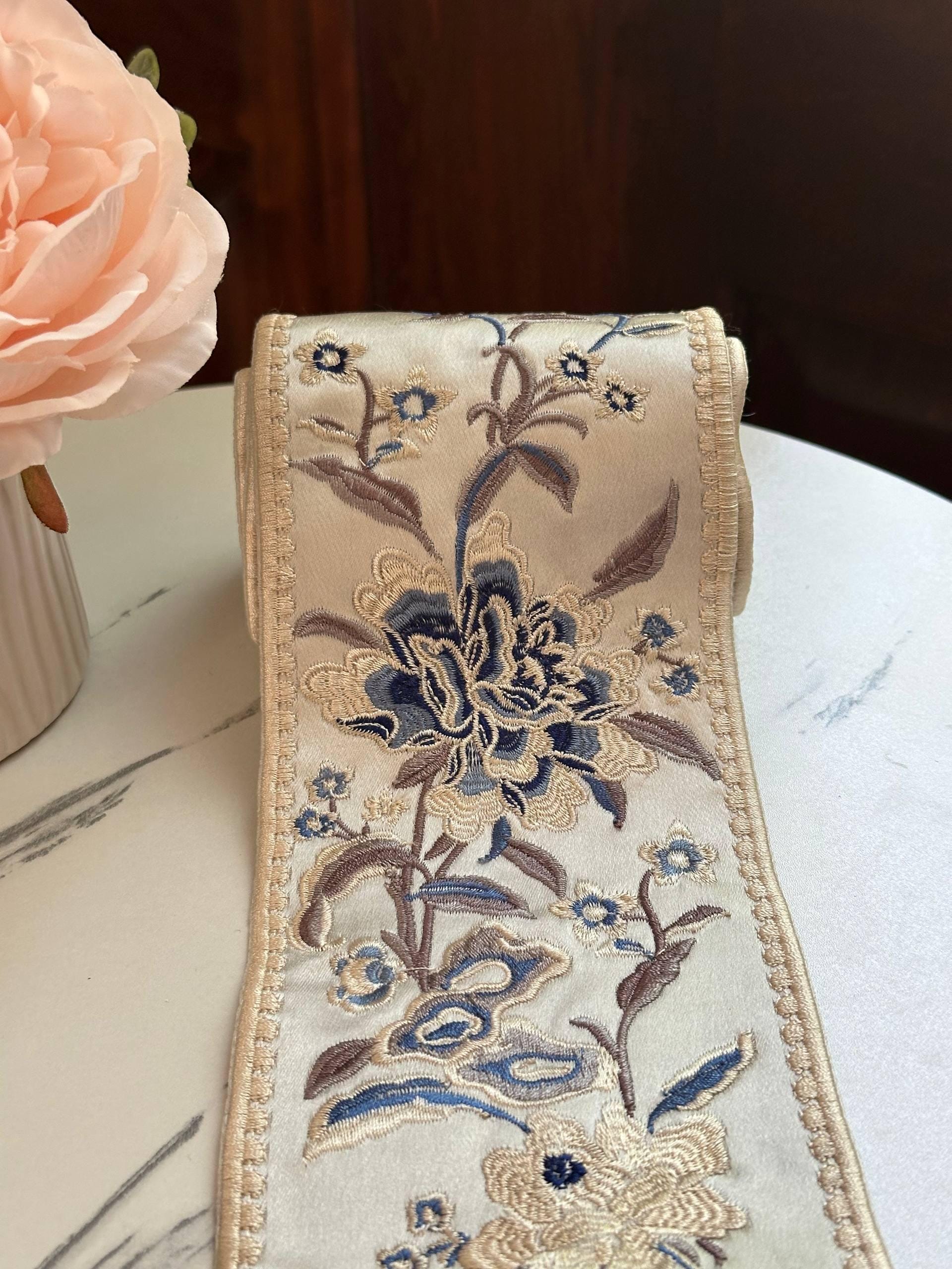 Vintage Beige Blue Floral Heavy Jacquard Embroidered Ribbon Fabric Trim by the Half Yard, Wide Border for Home Decor Apparel, 3.8"