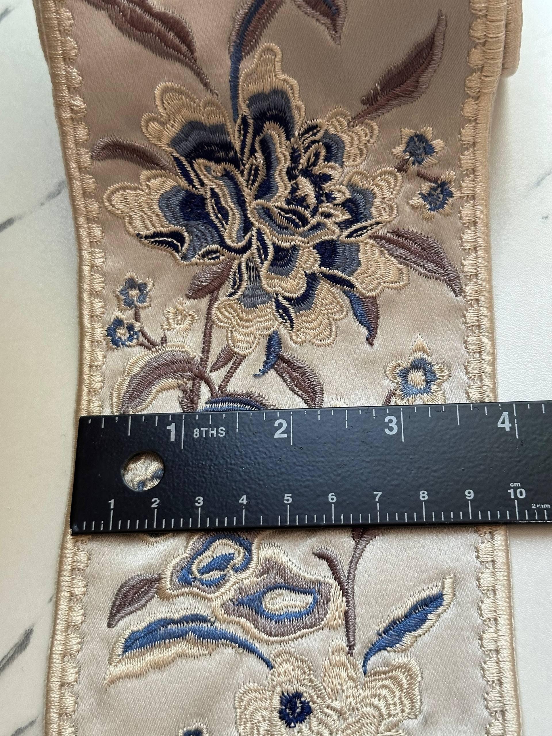 Vintage Beige Blue Floral Heavy Jacquard Embroidered Ribbon Fabric Trim by the Half Yard, Wide Border for Home Decor Apparel, 3.8"