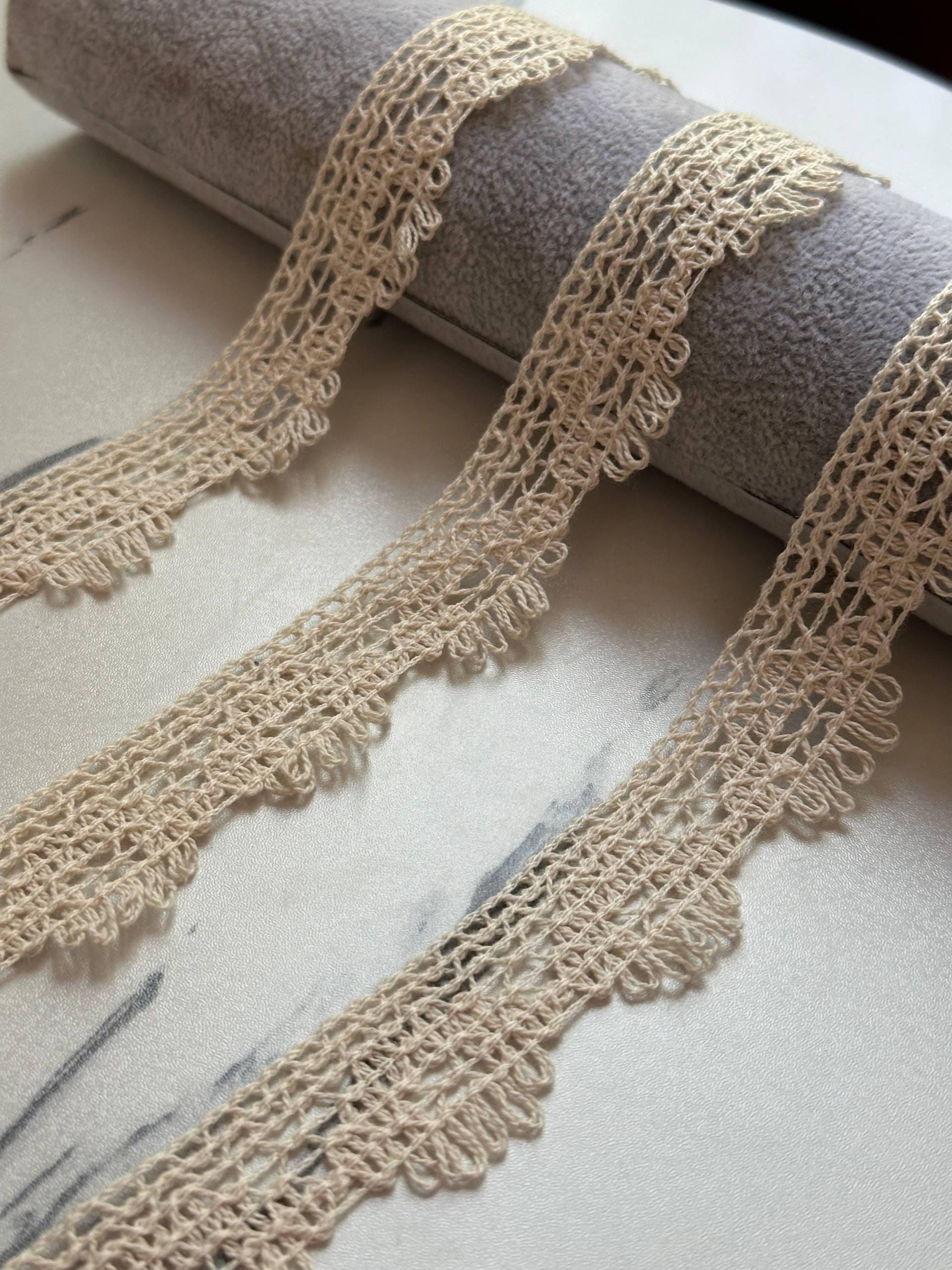 Natural Beige Cotton Crochet Lace Trim by the Yard, Narrow Scalloped Fringe Ribbon for Cottagecore Junk Journal, 1"
