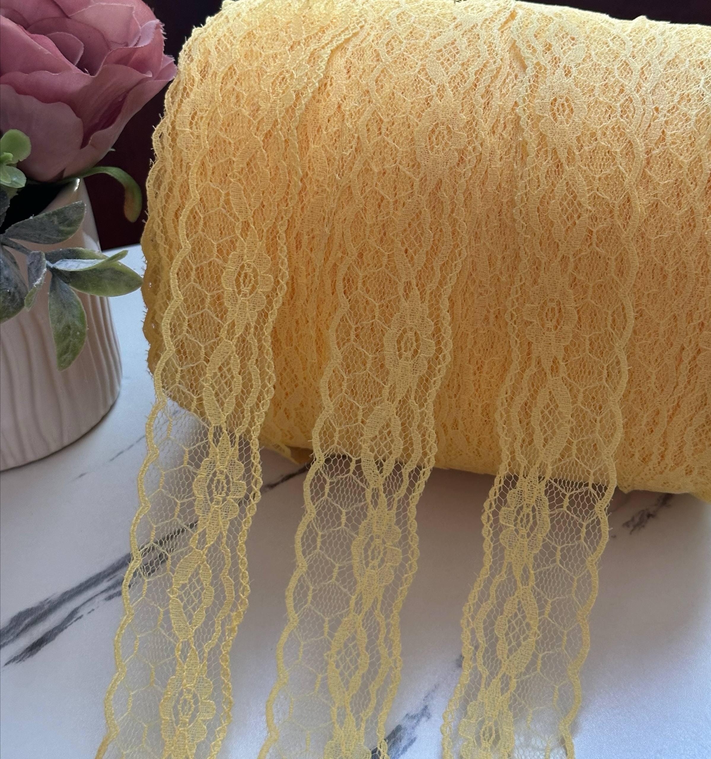 Soft Pastel Yellow Floral Non Stretch Rigid Lace Trim by the Yard, Narrow Scalloped Galloon Ribbon for Apparel Crafts, 1.4"