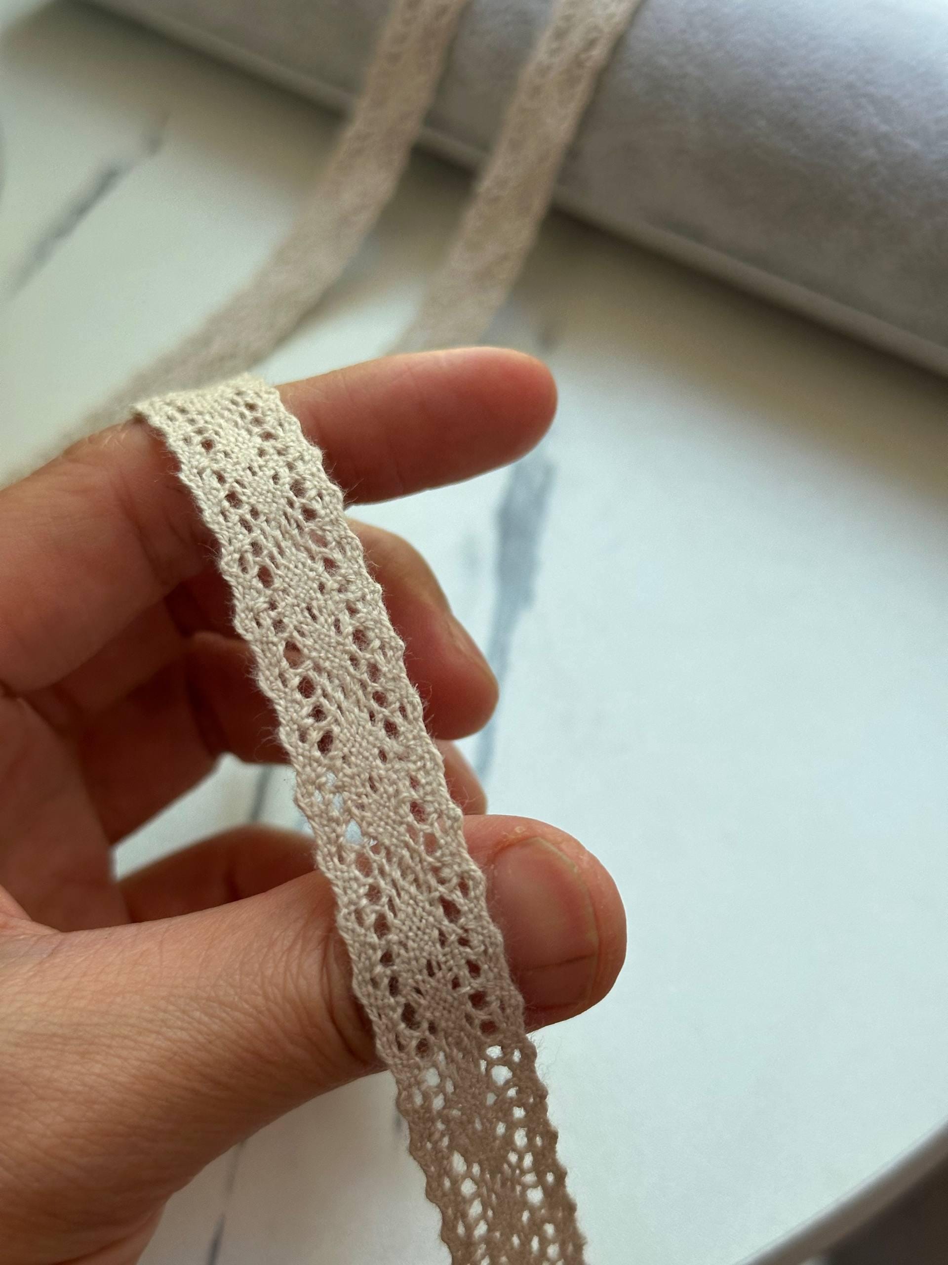 Natural Beige Cotton Crochet Insertion Lace Trim by the Yard, Narrow Openwork Lattice Ribbon for Cottagecore Crafts, 0.5"