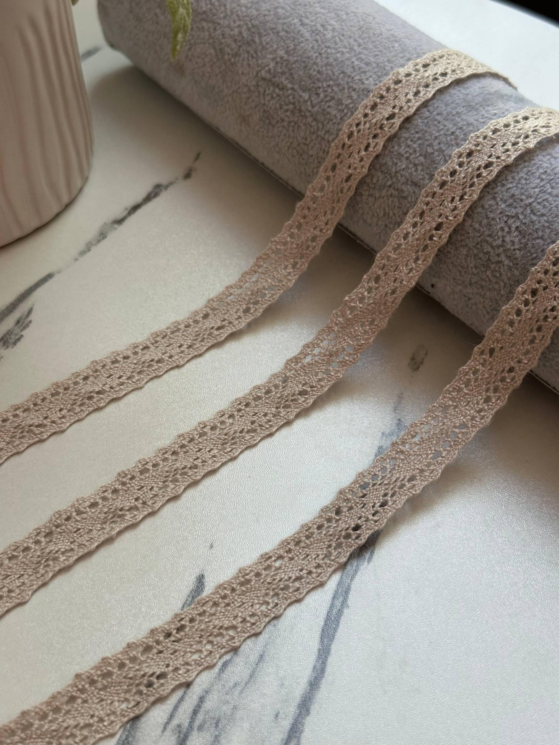 Natural Beige Cotton Crochet Insertion Lace Trim by the Yard, Narrow Openwork Lattice Ribbon for Cottagecore Crafts, 0.5"