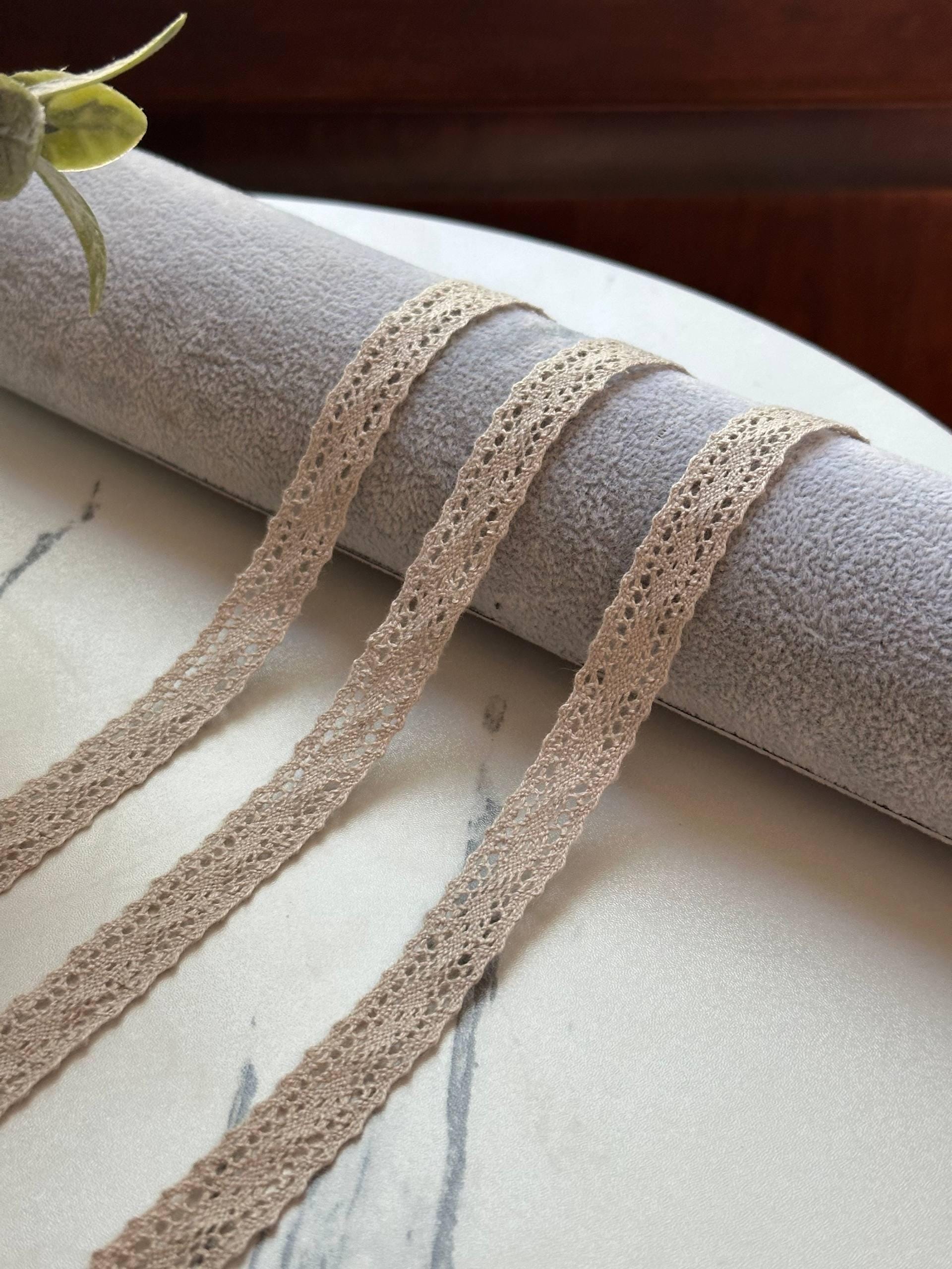 Natural Beige Cotton Crochet Insertion Lace Trim by the Yard, Narrow Openwork Lattice Ribbon for Cottagecore Crafts, 0.5"
