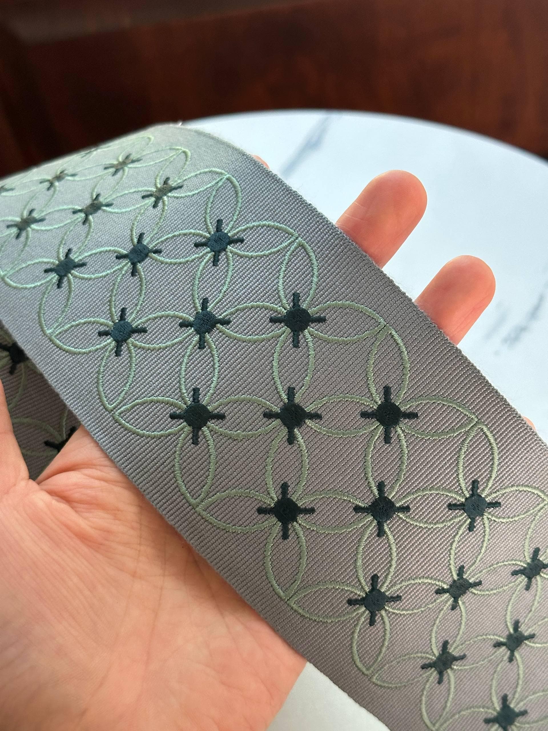 Sage Green Grey Geometric Flower Embroidered Grosgrain Canvas Webbing Ribbon Trim by the Yard, Wide Jacquard Border, 3.1"