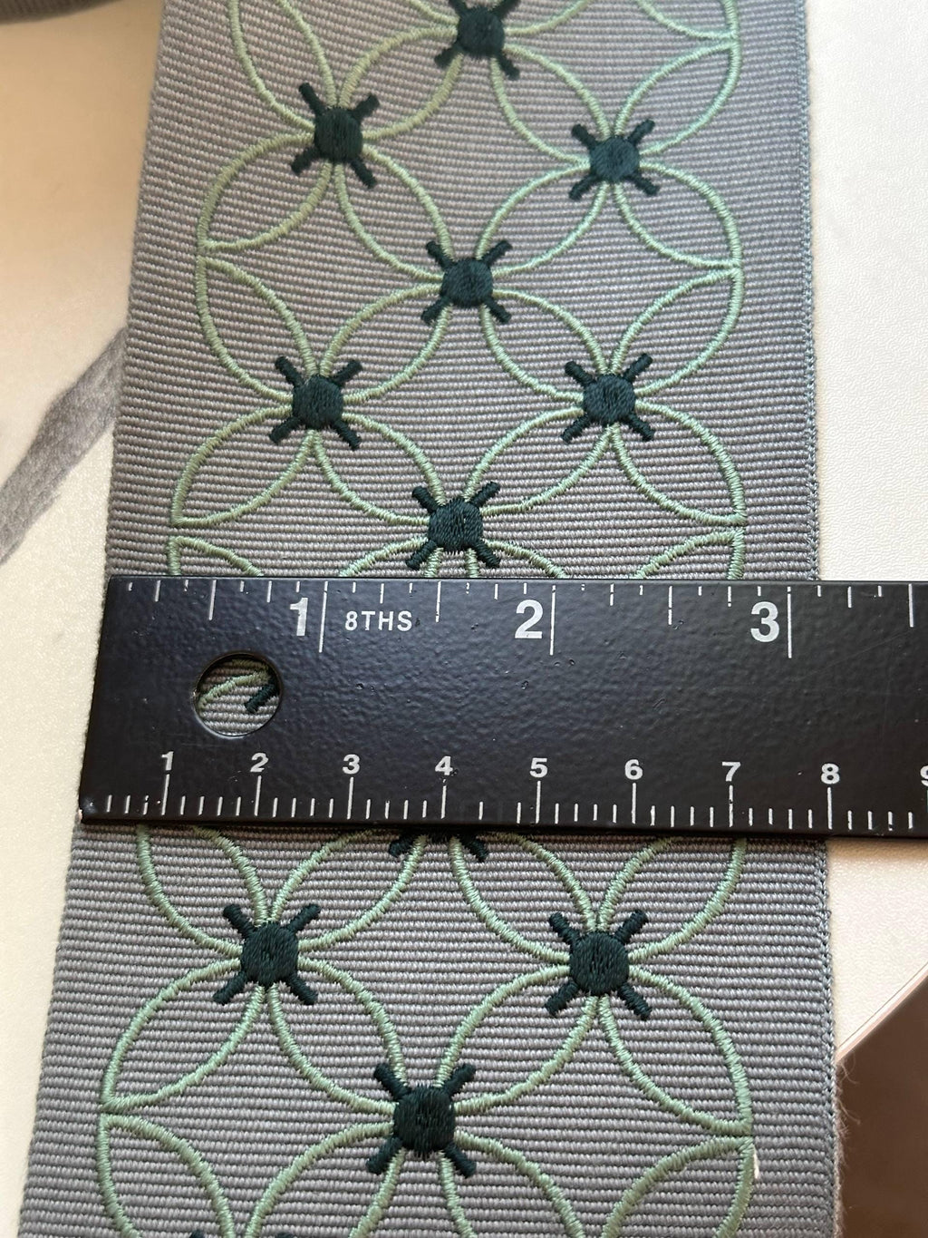Sage Green Grey Geometric Flower Embroidered Grosgrain Canvas Webbing Ribbon Trim by the Yard, Wide Jacquard Border, 3.1"