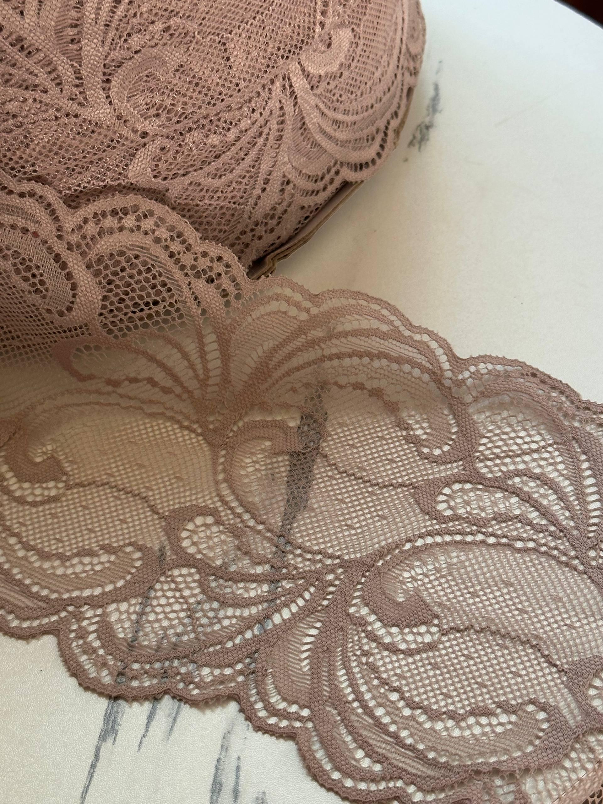 Dusty Rose Mauve Floral Wide Stretch Lace Trim by the Yard, Soft Scalloped Elastic Ribbon for Lingerie Apparel, 4.5"