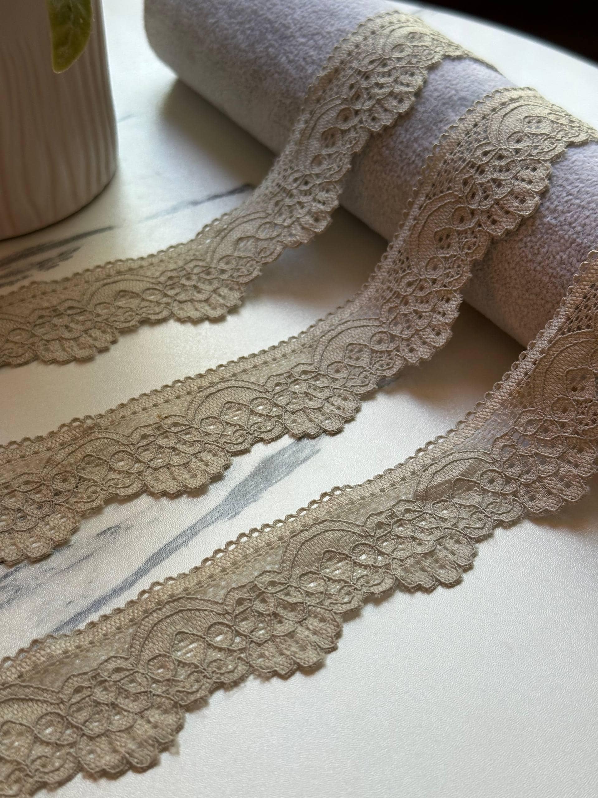 Soft Muted Khaki Beige Floral Stretch Lace Trim by the Yard, Scalloped Elastic Ribbon for Coquette Crafts, 1.3", Retail Wholesale Bulk