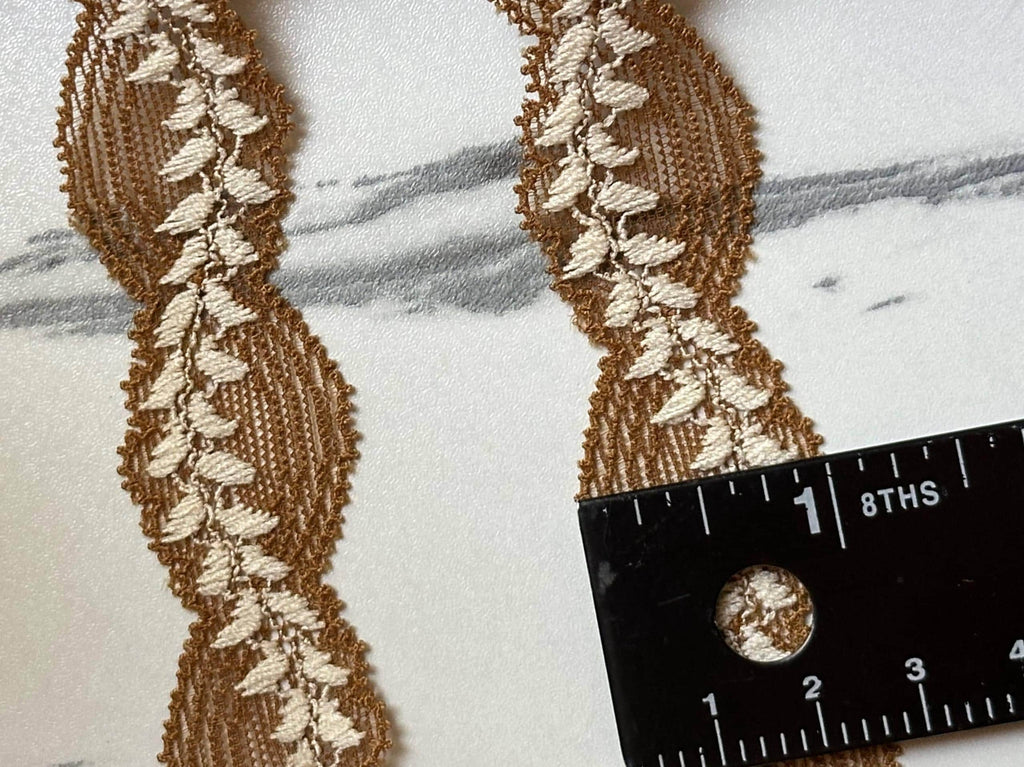 Soft Mustard Gold Leaf Embroidery Stretch Lace Trim by the Yard, Narrow Elastic Ribbon for Coquette Crafts, 1", Retail Wholesale Bulk