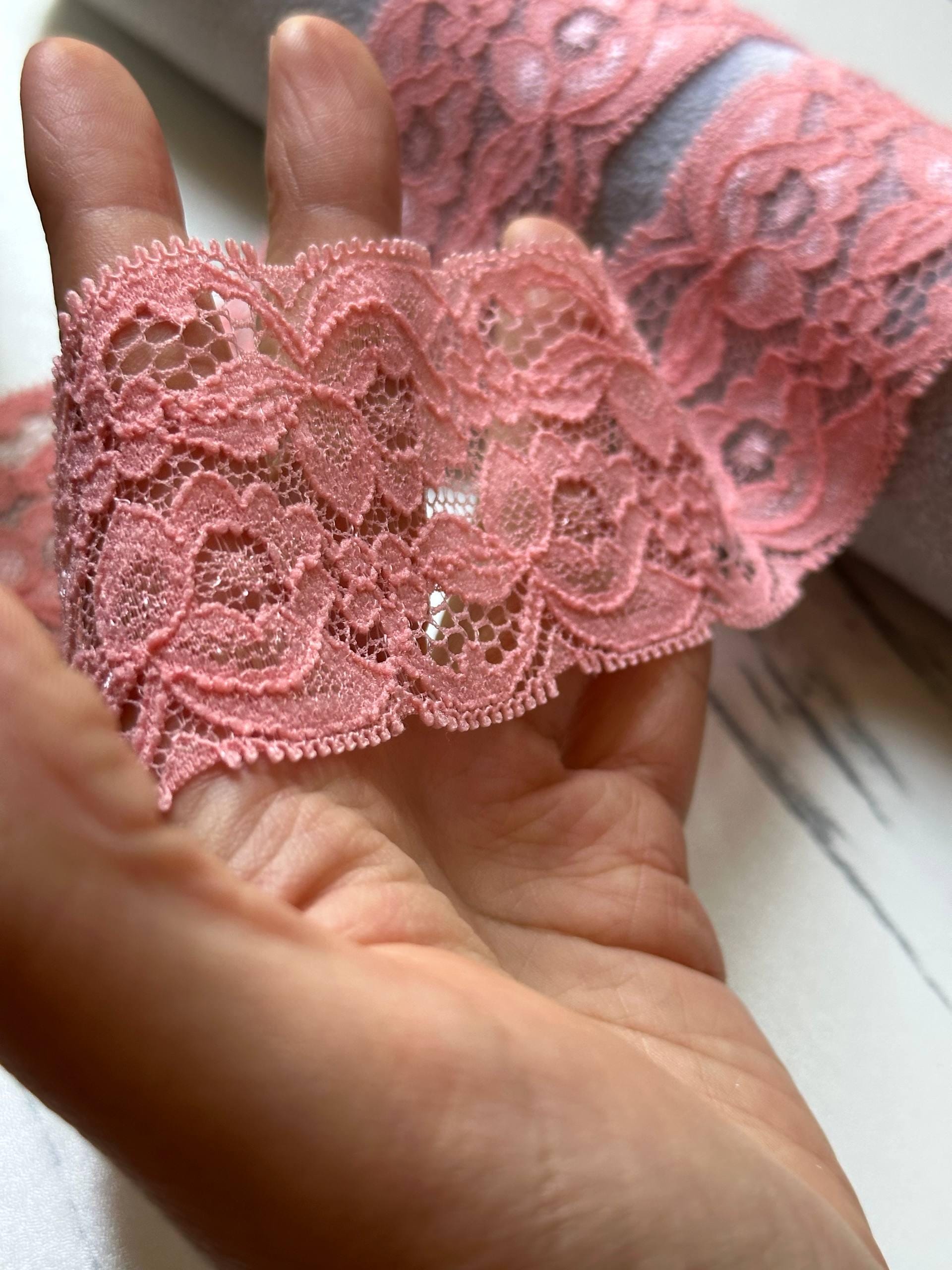 Soft Peach Coral Pink Floral Stretch Lace Trim by the Yard, Scalloped Elastic Ribbon for Coquette Crafts, 2", Retail Wholesale Bulk