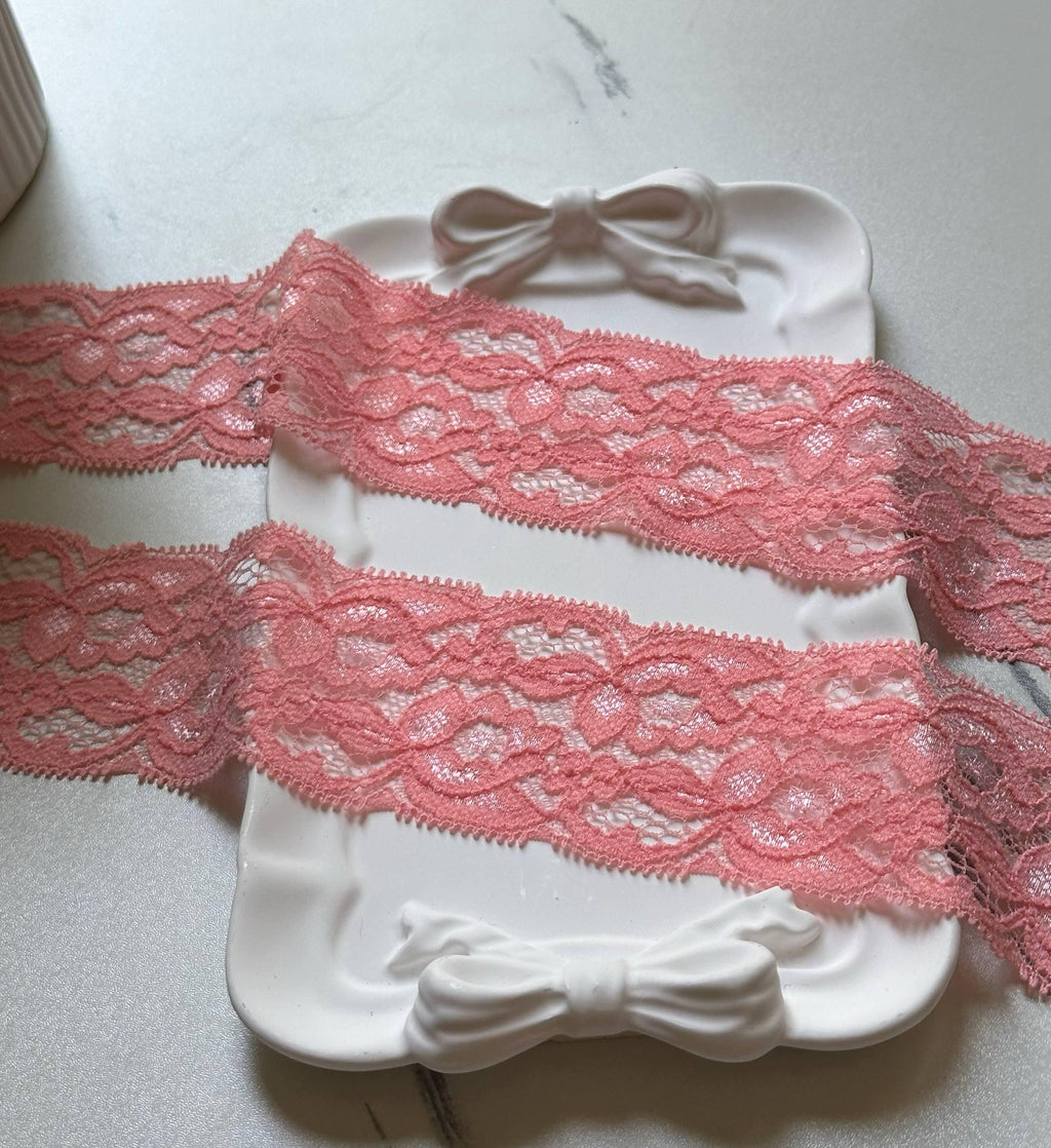 Soft Peach Coral Pink Floral Stretch Lace Trim by the Yard, Scalloped Elastic Ribbon for Coquette Crafts, 2", Retail Wholesale Bulk