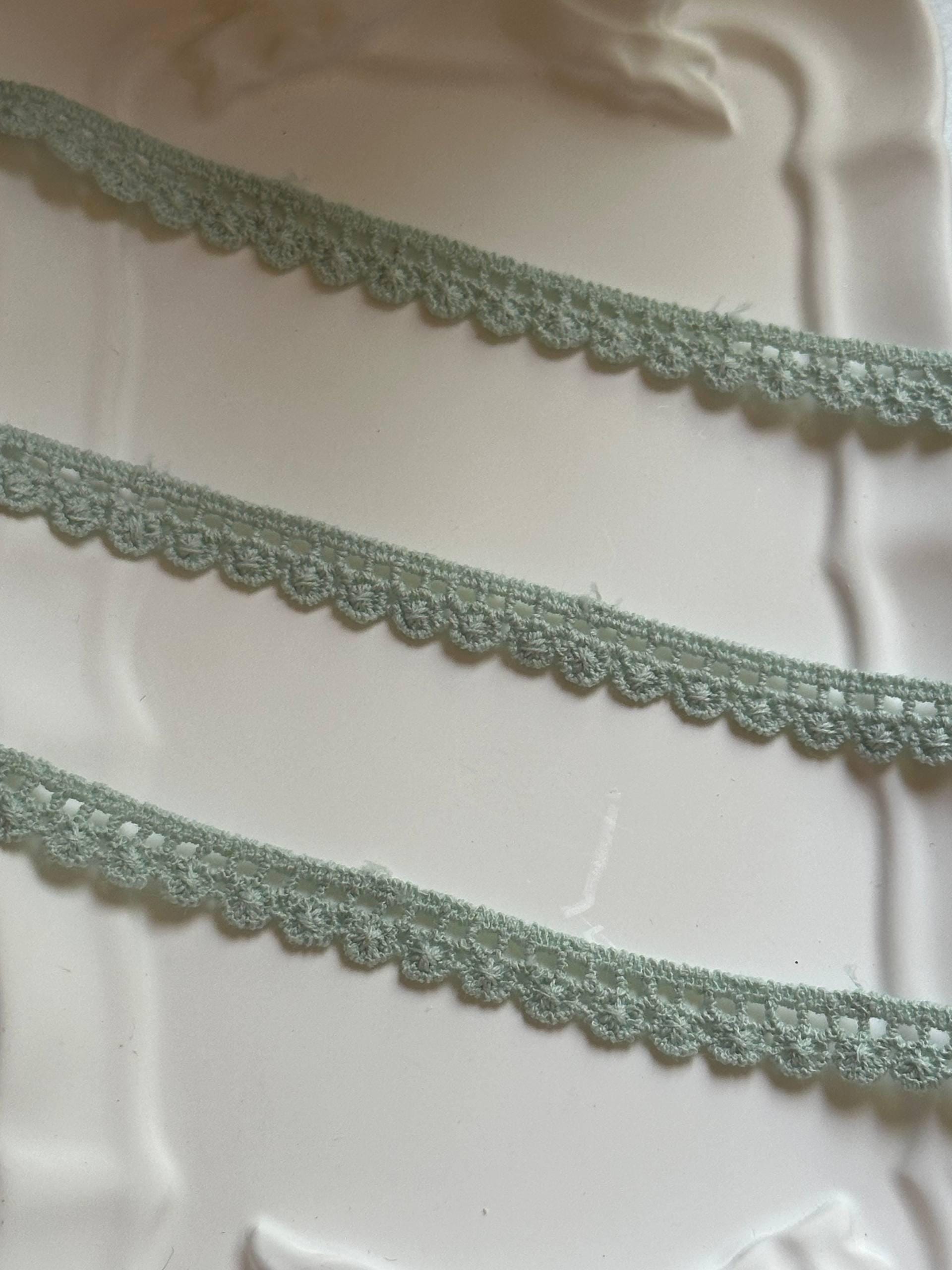 Soft Sage Green Cotton Crochet Flower Lace Trim by the Yard, Narrow Floral Scalloped Ribbon for Crafts, 0.35", Retail Wholesale Bulk