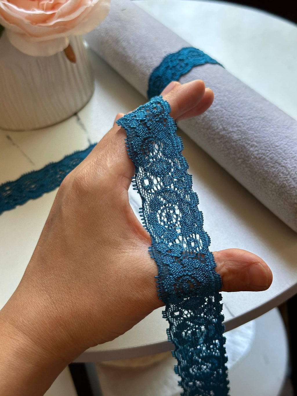 Soft Peacock Teal Blue Floral Stretch Lace Trim by the Yard, Narrow Scalloped Elastic Ribbon for Coquette Crafts, 1", Retail Wholesale Bulk
