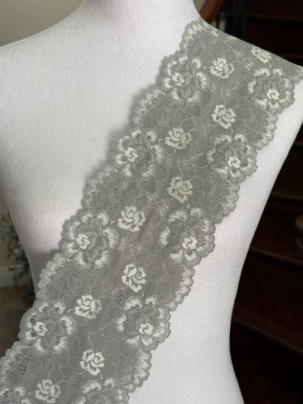 Silver Grey Corded Rose Floral Lace Trim by the Yard, Structured Slight Stretch Ribbon for Crafts, 5", Retail Wholesale Bulk