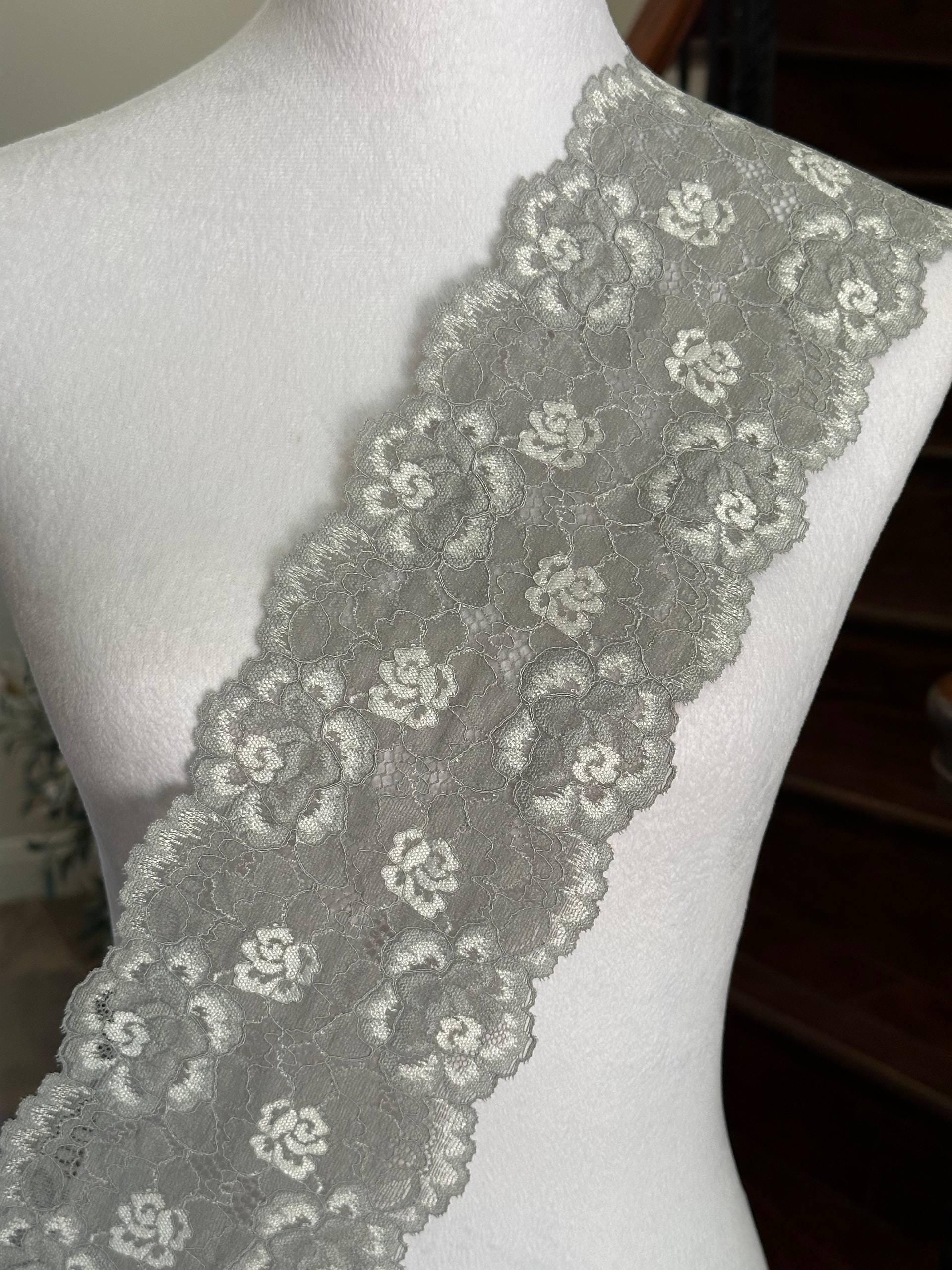 Silver Grey Corded Rose Floral Lace Trim by the Yard, Structured Slight Stretch Ribbon for Crafts, 5", Retail Wholesale Bulk