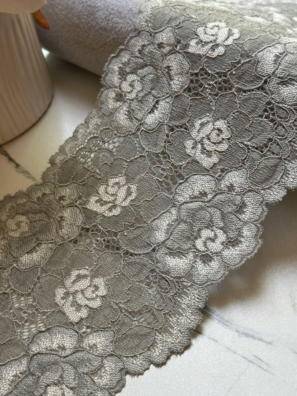 Silver Grey Corded Rose Floral Lace Trim by the Yard, Structured Slight Stretch Ribbon for Crafts, 5", Retail Wholesale Bulk