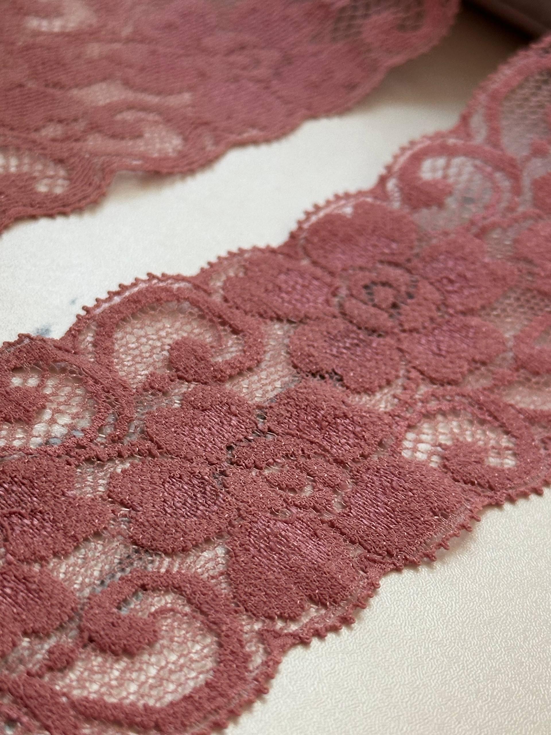 Soft Dusty Rose Floral Scalloped Stretch Lace Trim by the Yard, Elastic Ribbon for Coquette Crafts, 2.25", Retail Wholesale Bulk