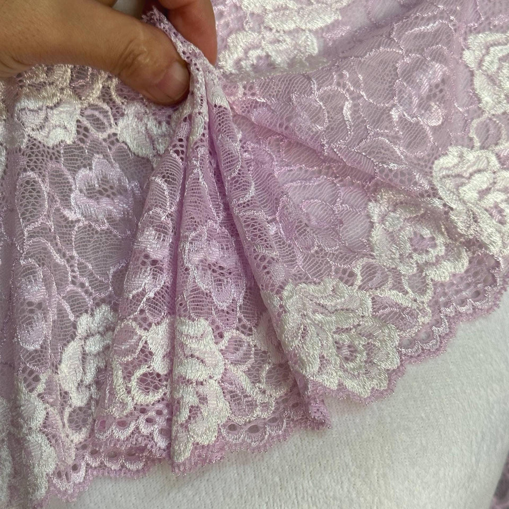 Soft Lavender Pink Two Tone Wide Floral Stretch Lace Trim by the Yard, Scalloped Elastic Ribbon, 5.7", Retail Wholesale Bulk