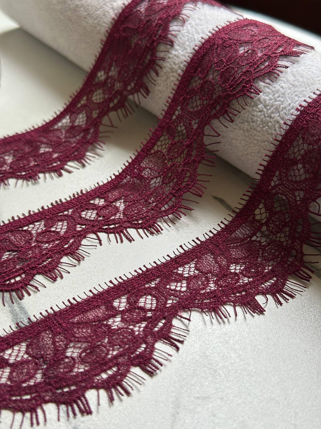 Soft Burgundy Wine Eyelash Floral Non-Stretch Lace Trim by the Yard, Scalloped Chantilly Ribbon, 1.1", Retail Wholesale Bulk