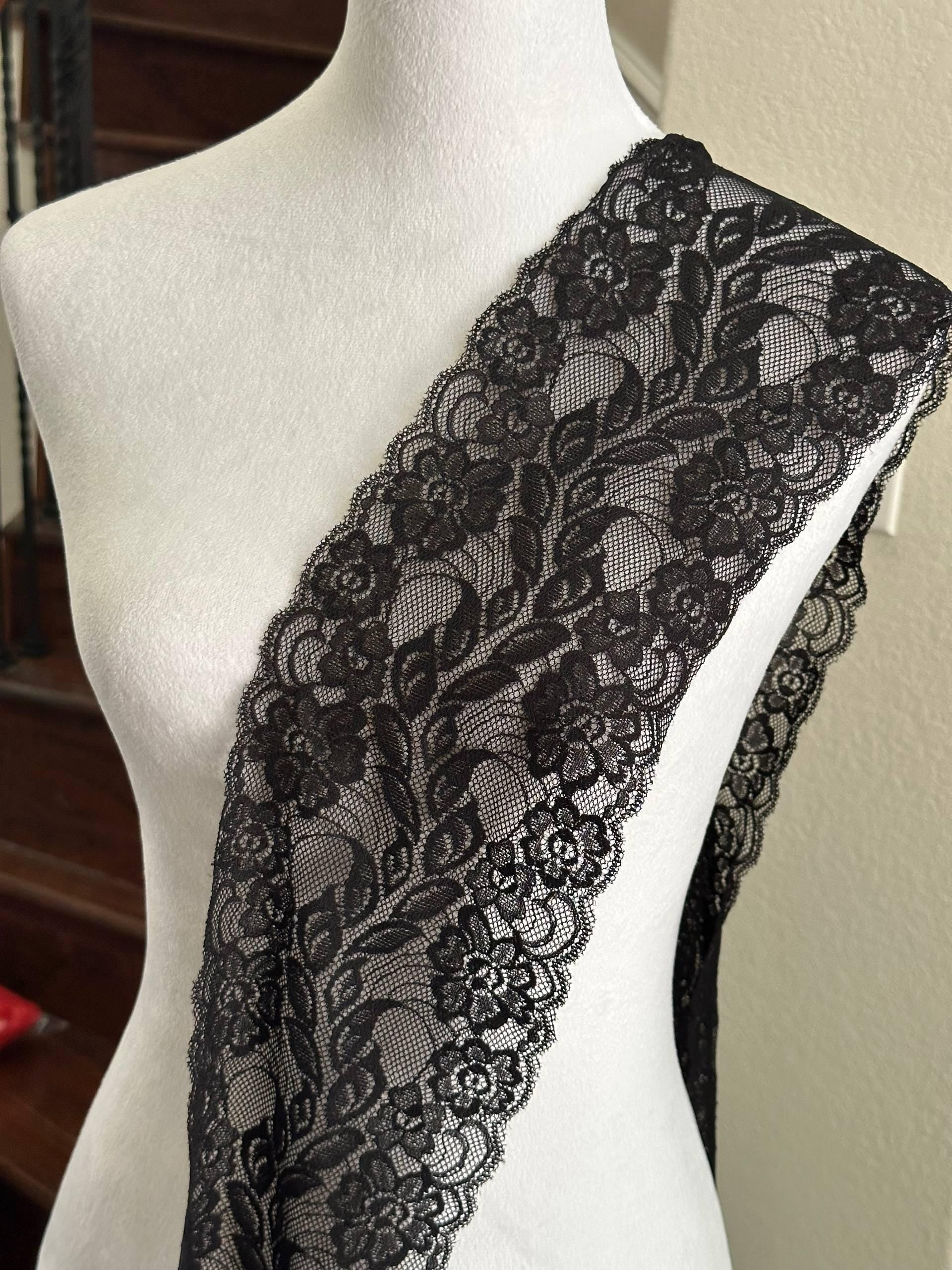 Classic Black Floral Wide Stretch Lace Trim by the Yard, Scalloped Elastic Ribbon for Coquette Crafts, 5.5", Retail Wholesale Bulk