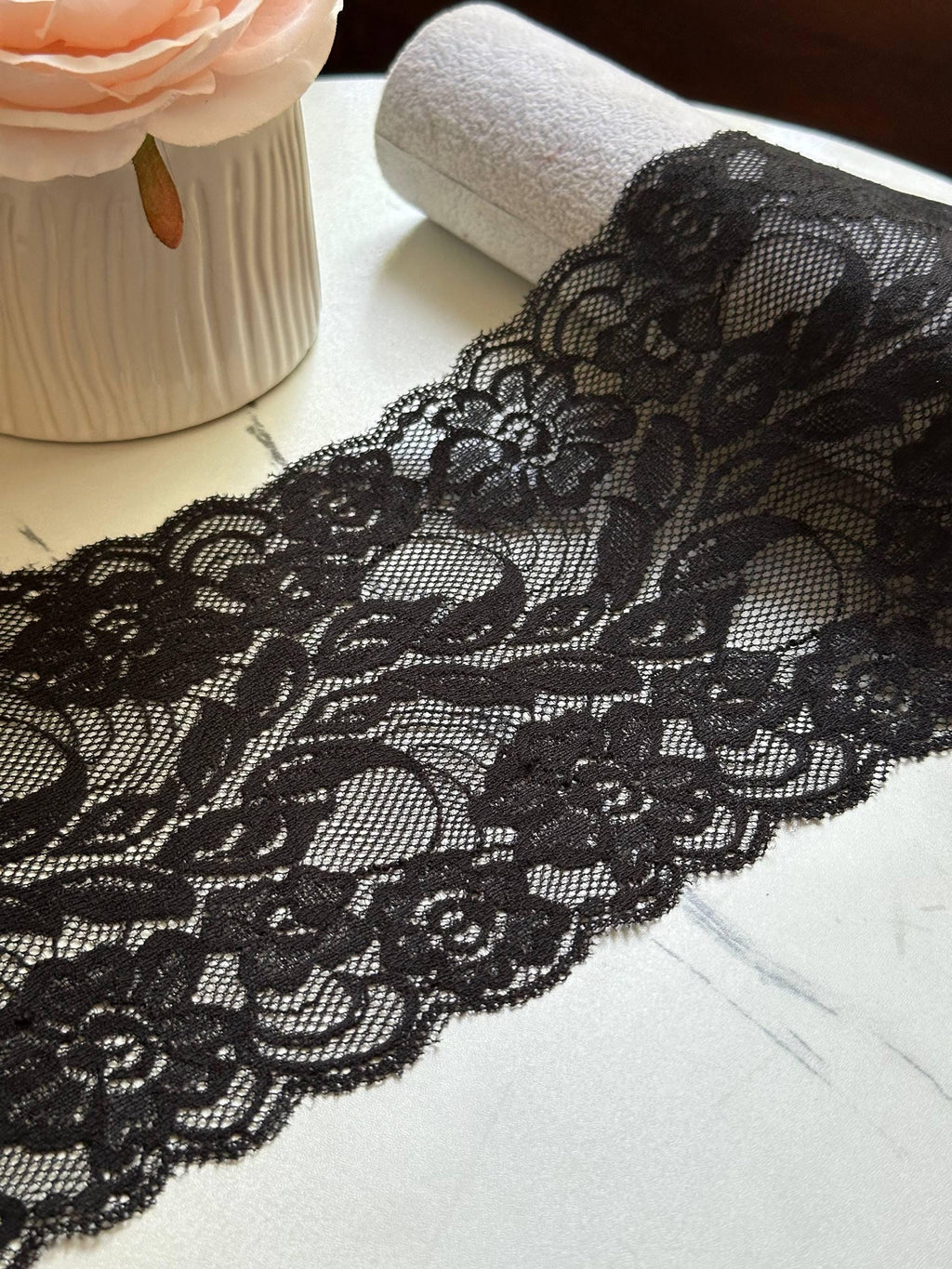 Classic Black Floral Wide Stretch Lace Trim by the Yard, Scalloped Elastic Ribbon for Coquette Crafts, 5.5", Retail Wholesale Bulk