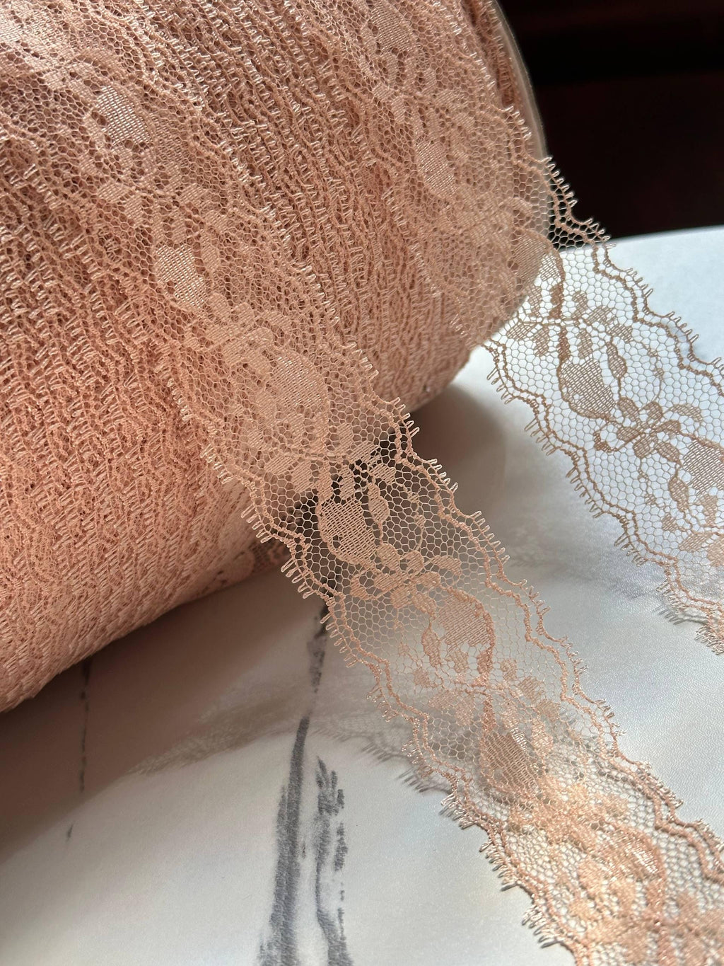 Soft Peach Nude Eyelash Floral Non-Stretch Lace Trim by the Yard, Scalloped Chantilly Ribbon for Crafts, 1.3", Retail Wholesale Bulk